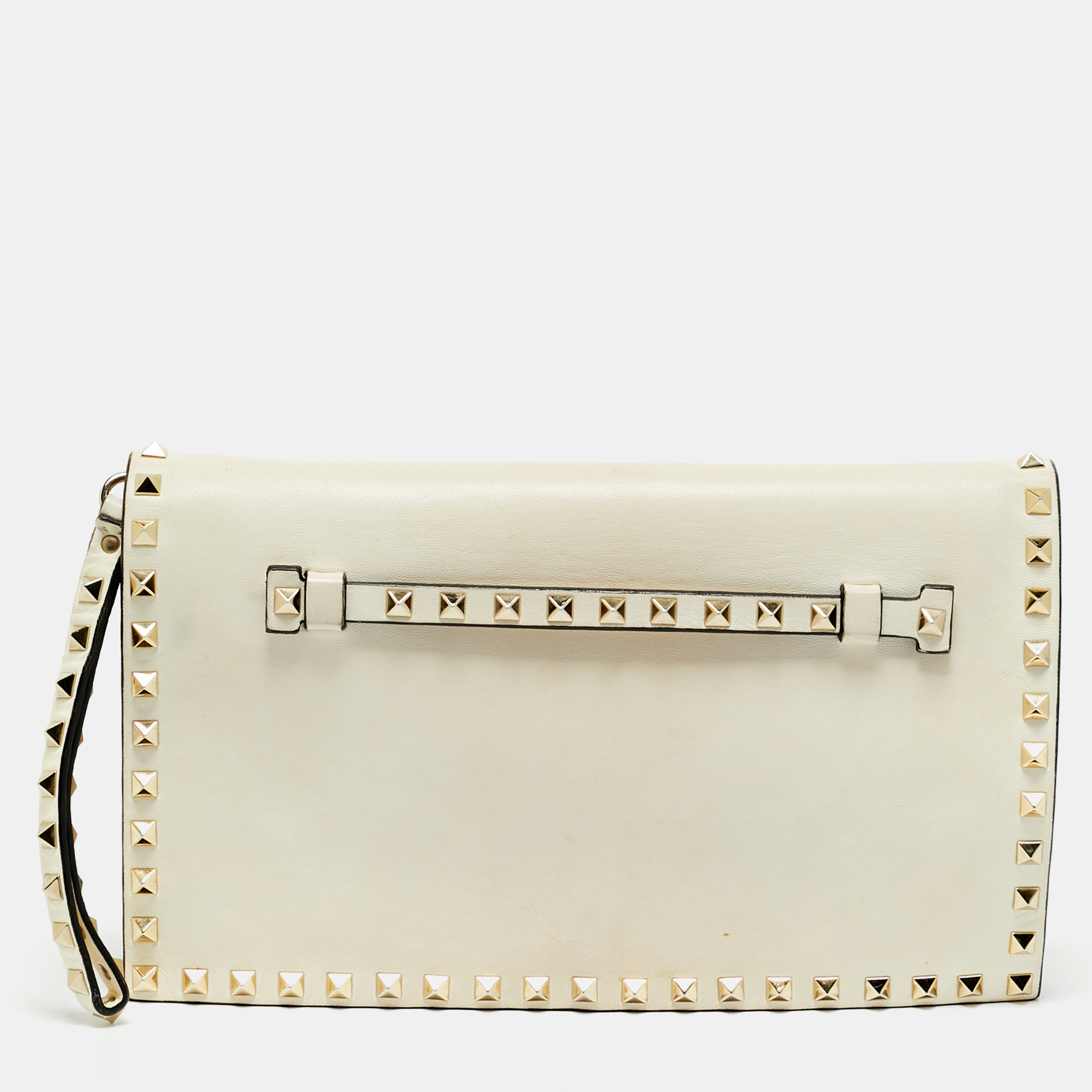 

Valentino Off White Leather Rockstud Wristlet Clutch