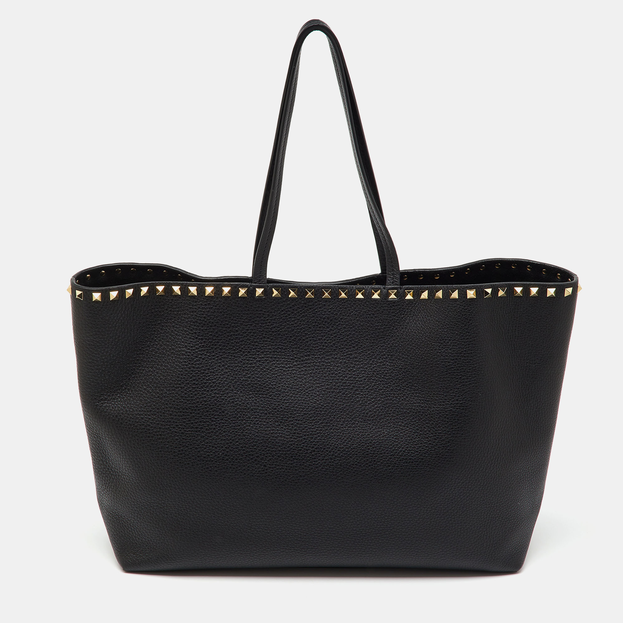 Pre-owned Valentino Garavani Black Leather Rockstud Shopper Tote