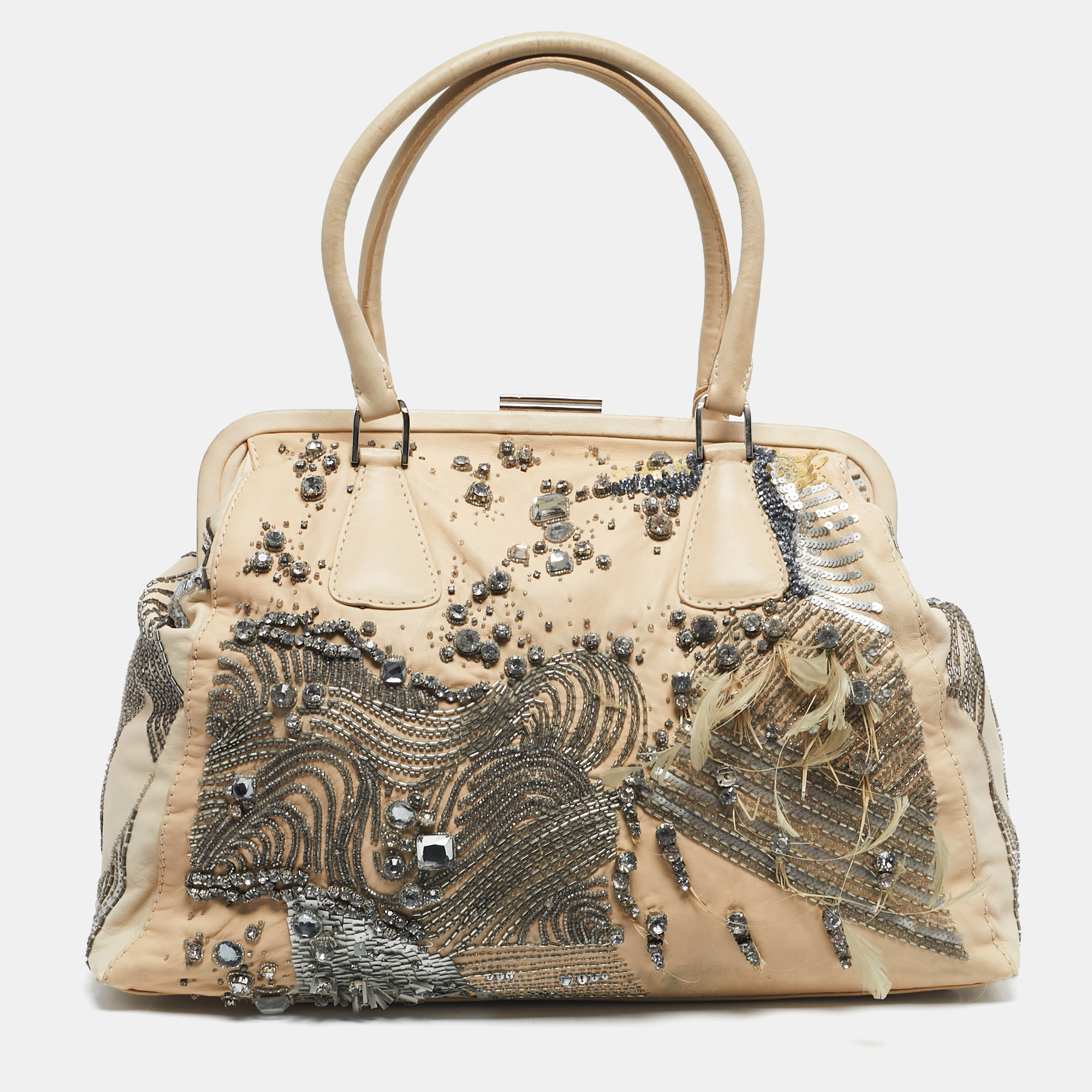 Pre-owned Valentino Garavani Two Tone Beige Leather Embellished Alice Glam Frame Satchel In Sand