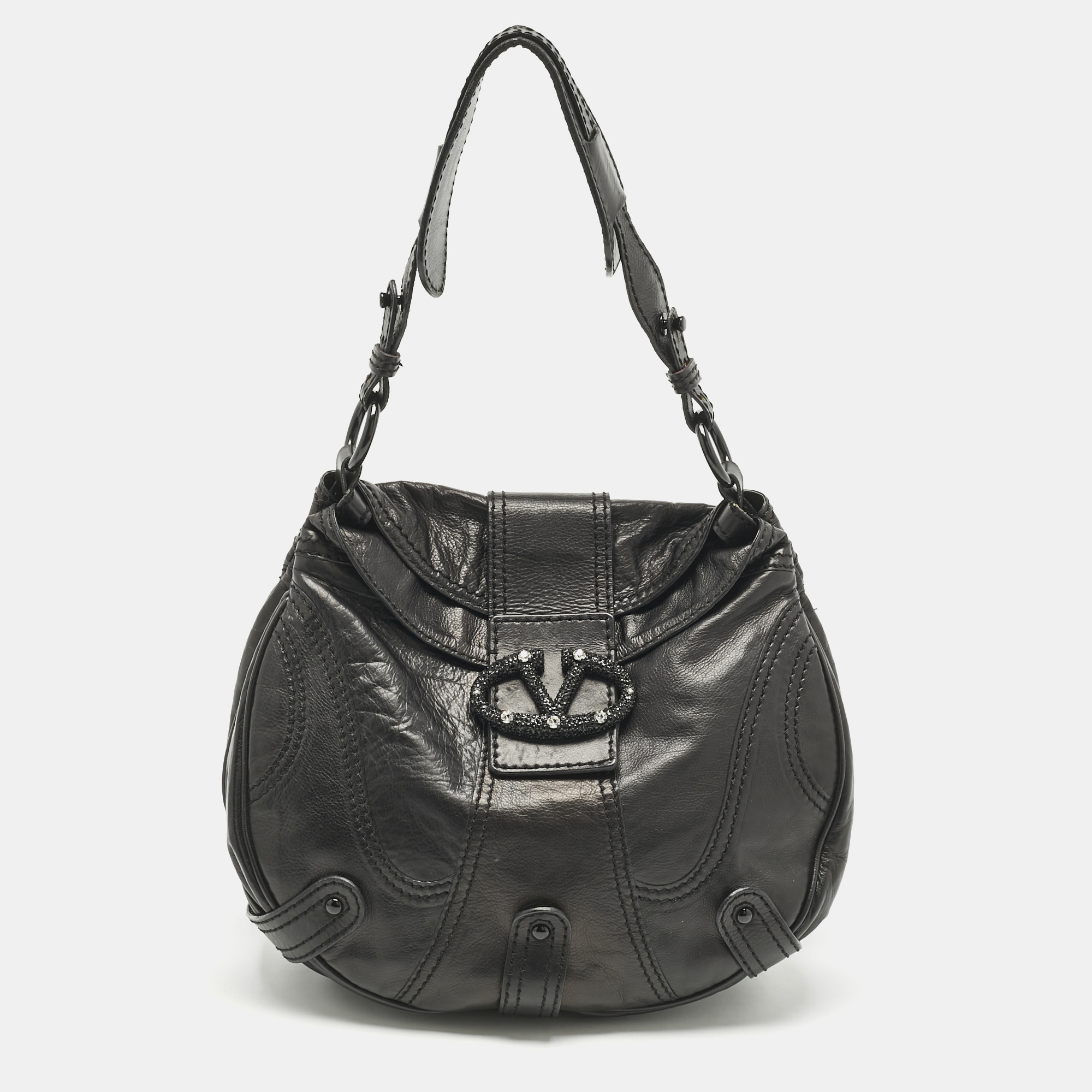 

Valentino Black Leather Catch Crystals Hobo