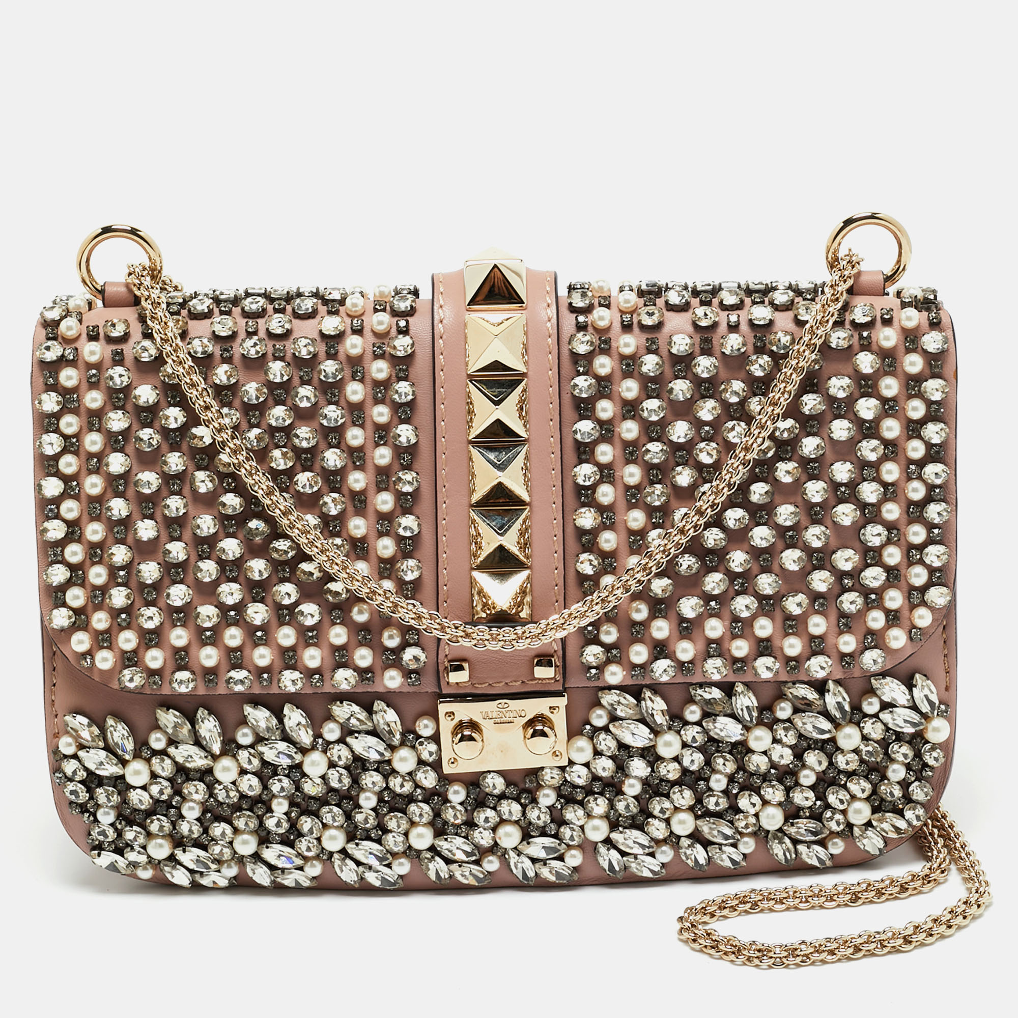 Pre-owned Valentino Garavani Light Pink Leather Medium Rockstud Glam Crystals Embellished Lock Flap Bag