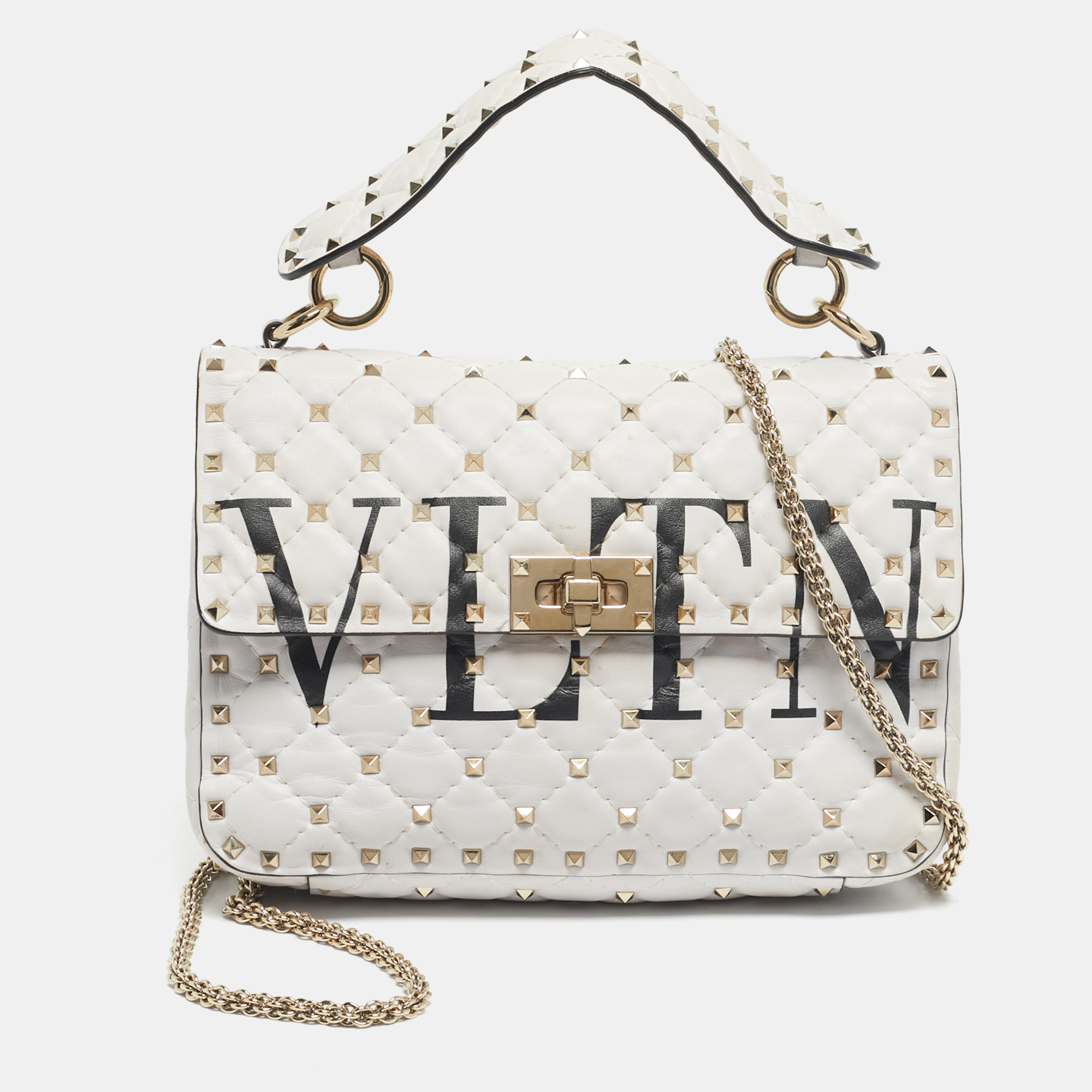 Pre-owned Valentino Garavani White Quilted Leather Medium Vltn Rockstud Spike Top Handle Bag