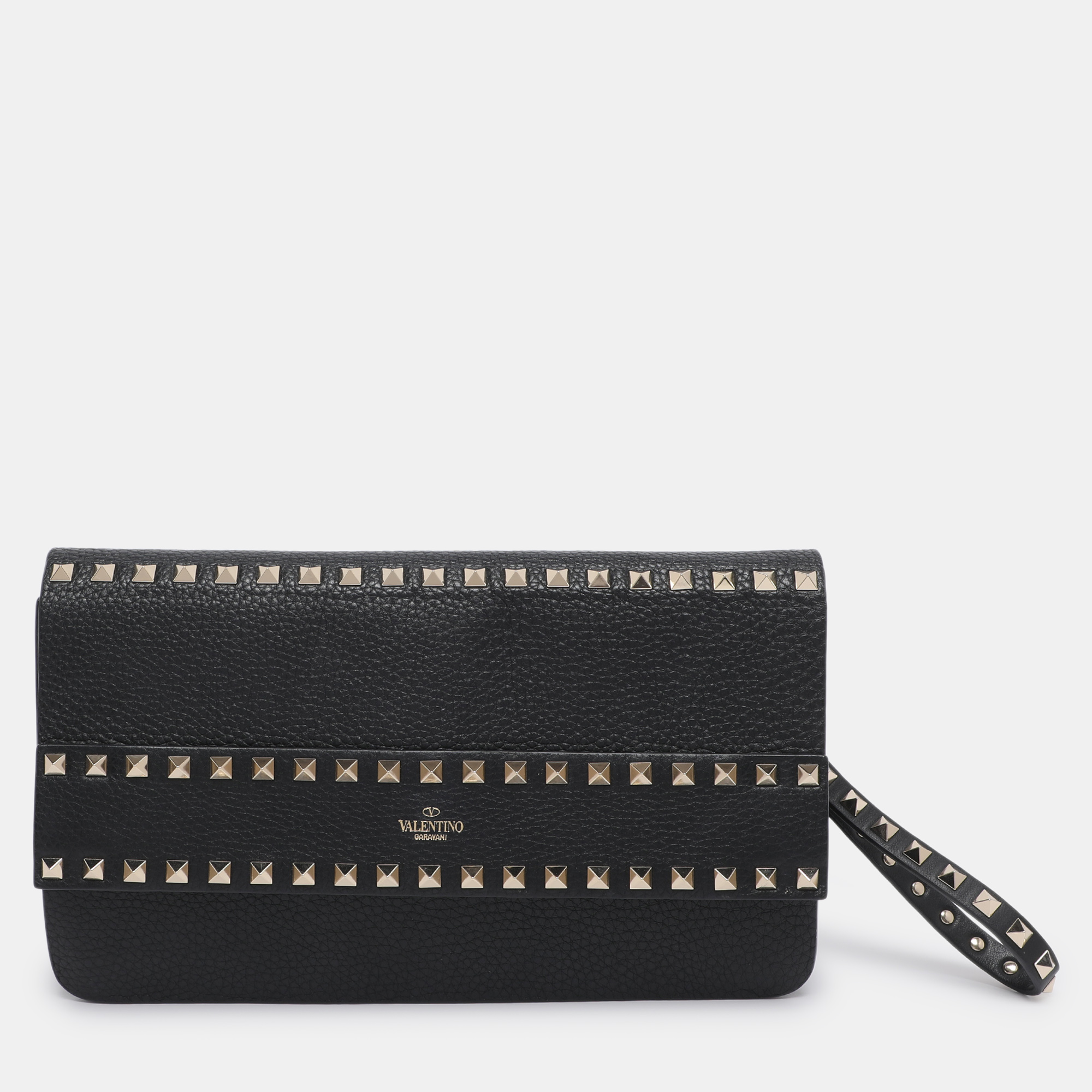 Pre-owned Valentino Garavani Black Leather Rockstud Wristlet Clutch