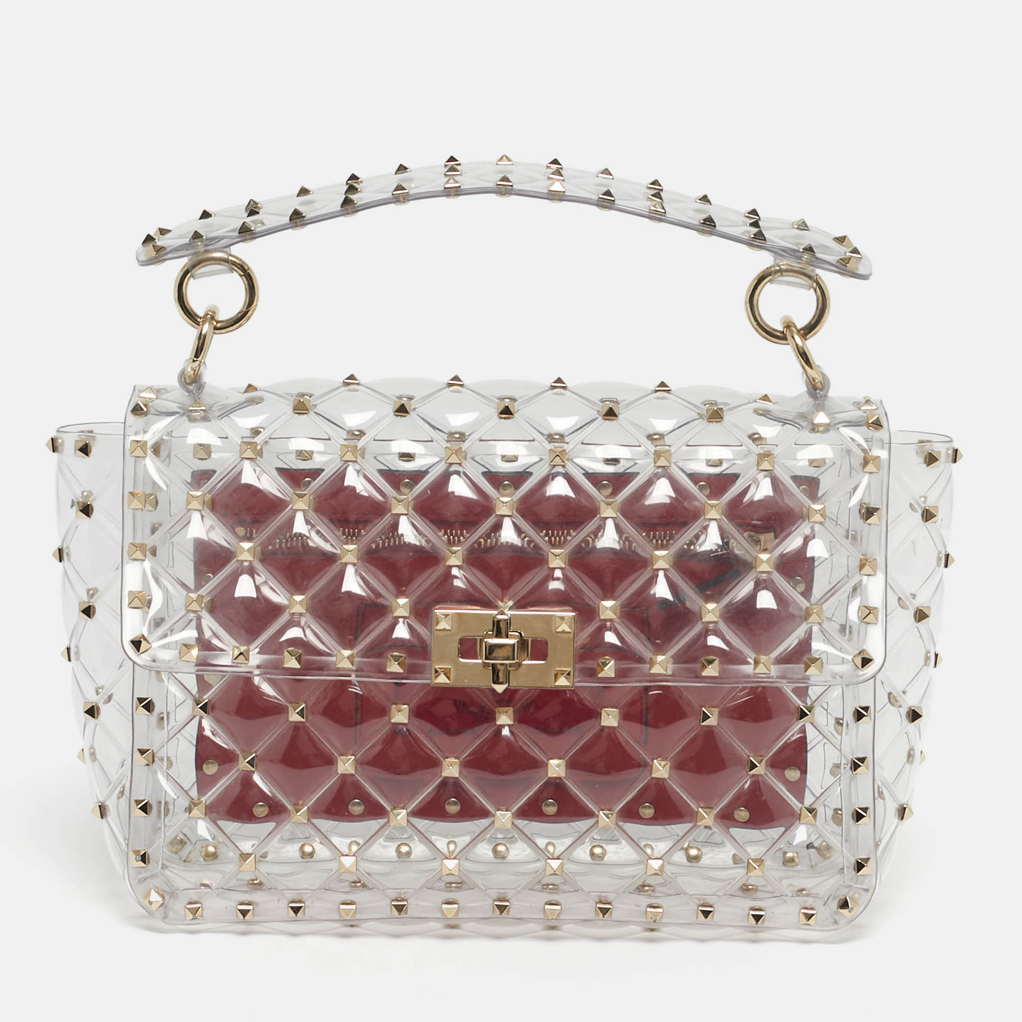 Pre-owned Valentino Garavani Transparent /red Pvc Medium Rockstud Spike Top Handle Bag
