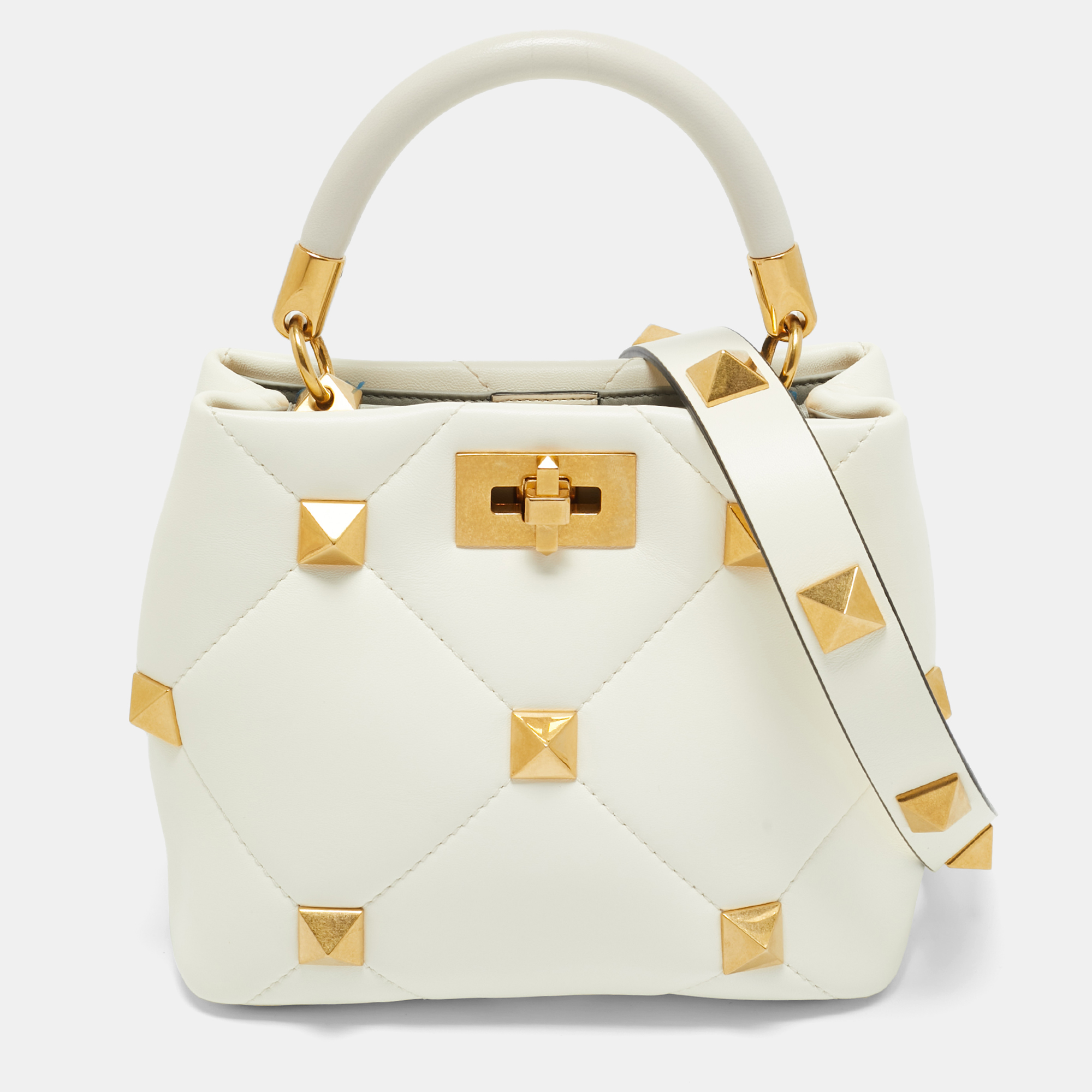 

Valentino Cream Quilted Leather Small Roman Stud Top Handle Bag