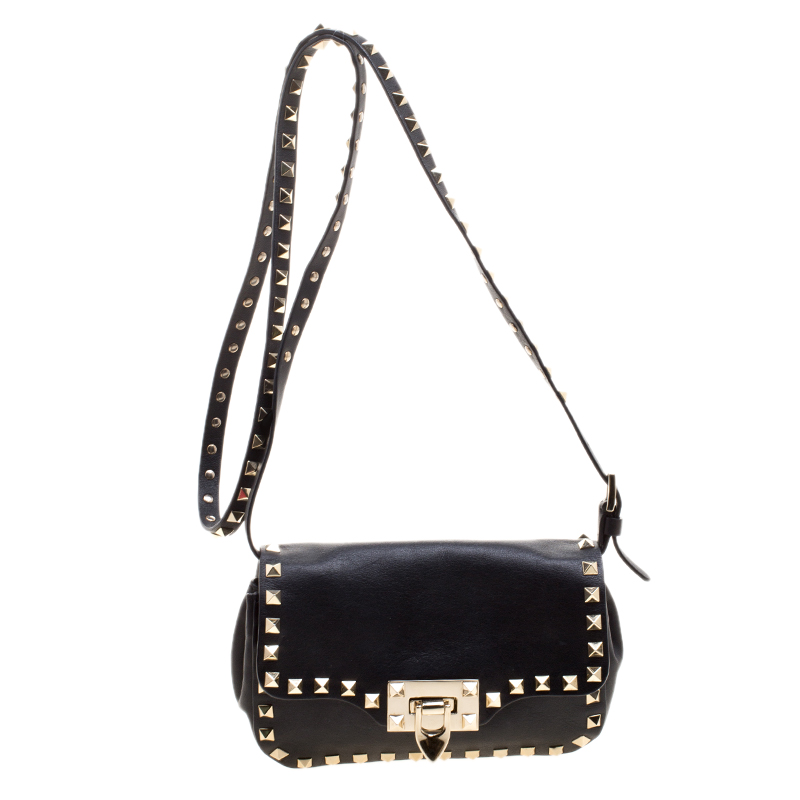 Pre Owned Valentino Black Leather Rockstud Flap Crossbody Bag