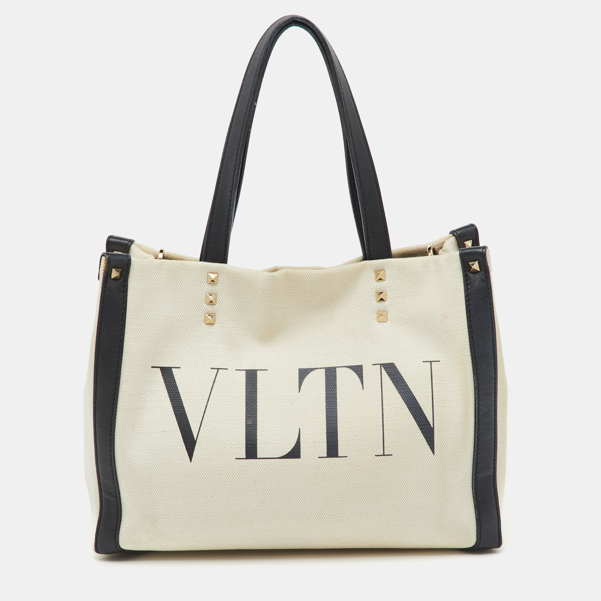

Valentino Off White/Black Canvas and Leather VLTN Logo  Rockstud Tote