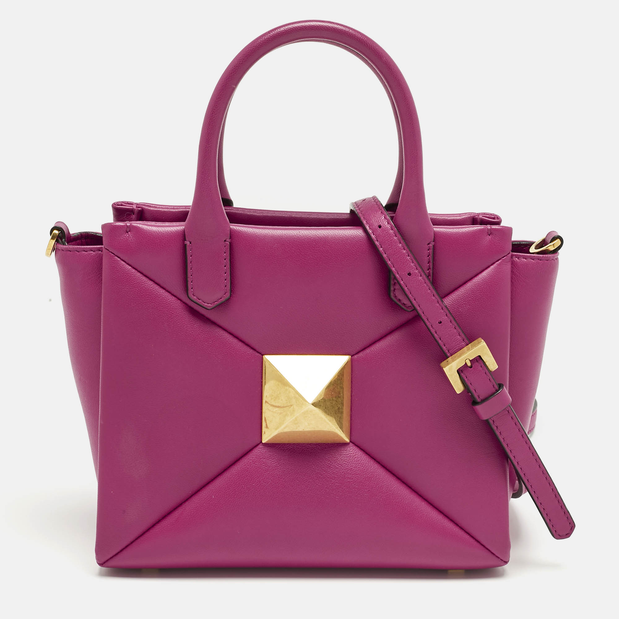 Pre-owned Valentino Garavani Fuchsia Leather Small One Stud Tote In Pink