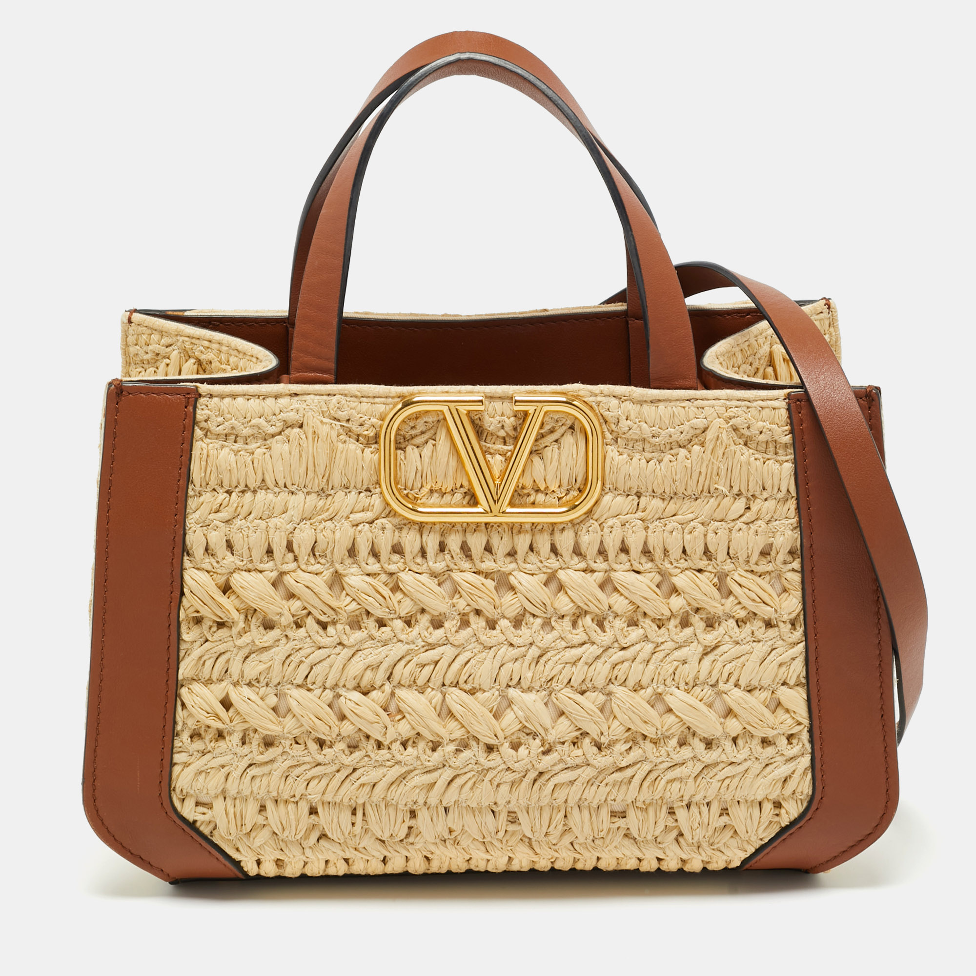 

Valentino Brown/Natural Raffia and Leather  VLogo Signature Tote