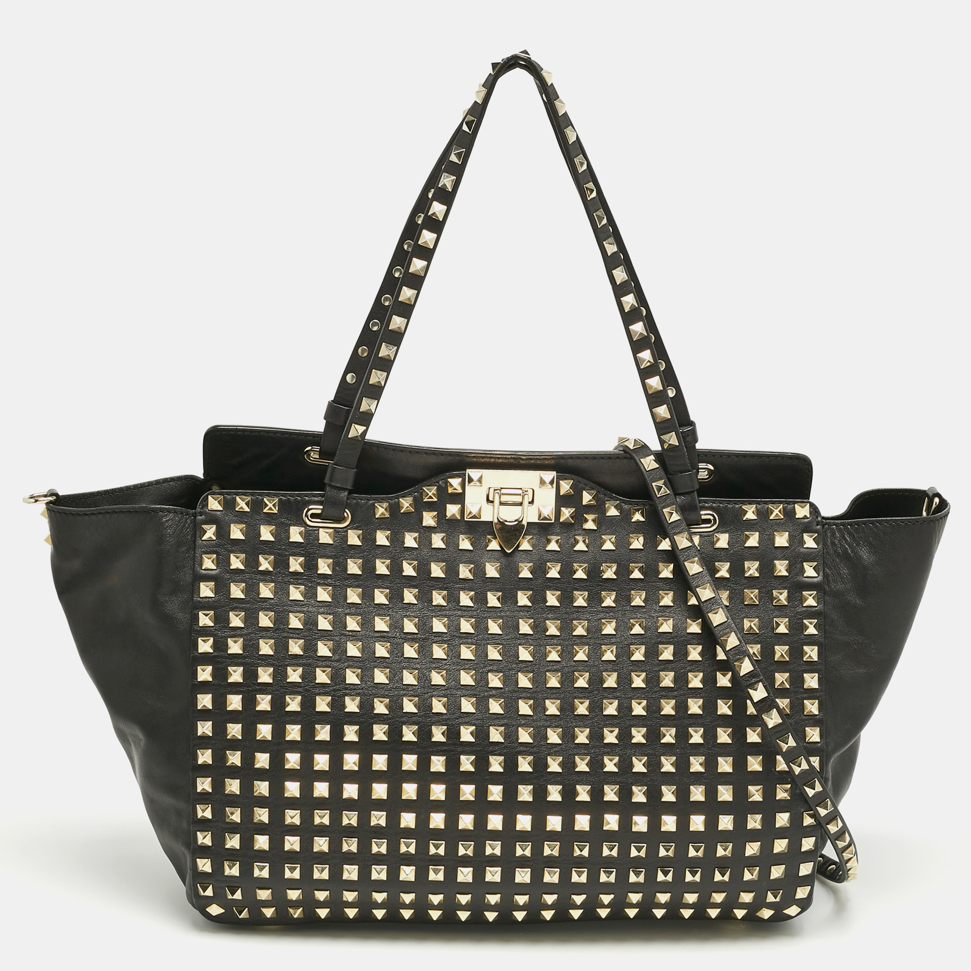 

Valentino Black Leather  Rockstud Studded Trapeze Tote