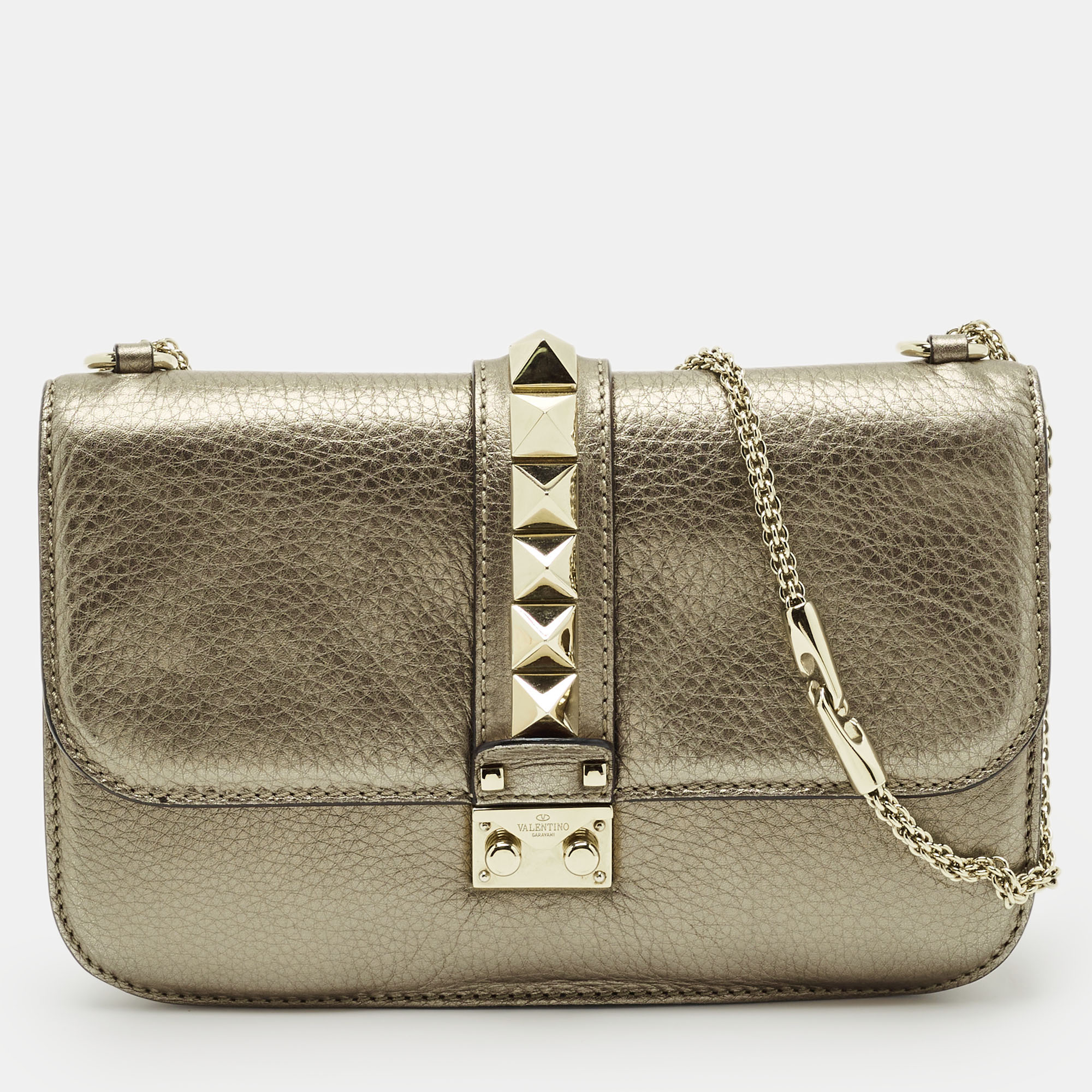 Pre-owned Valentino Garavani Metallic Leather Medium Glam Lock Shoulder Bag In Silver