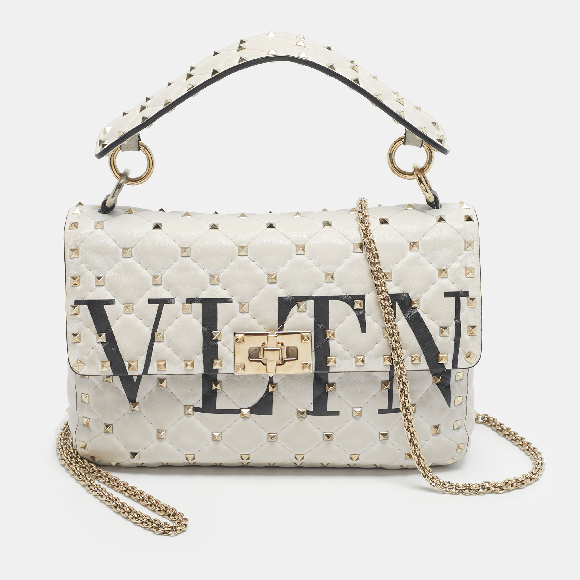 

Valentino White Quilted Leather  VLTN Rockstud Spike Shoulder Bag