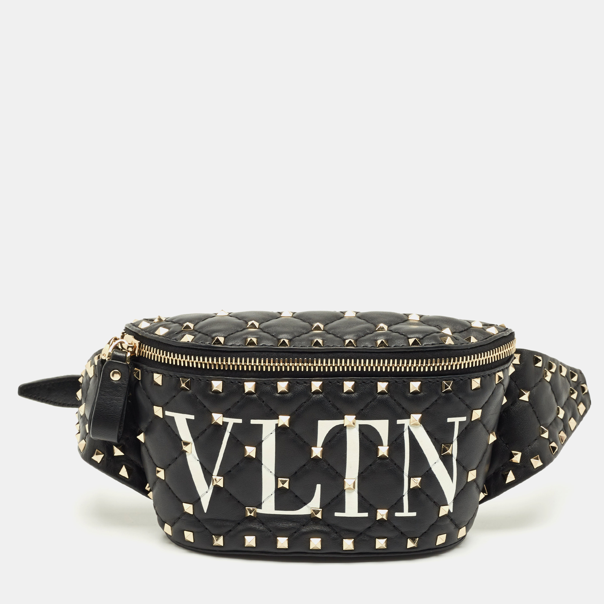 Pre-owned Valentino Garavani Black Quilted Leather Rockstud Vltn Belt Bag