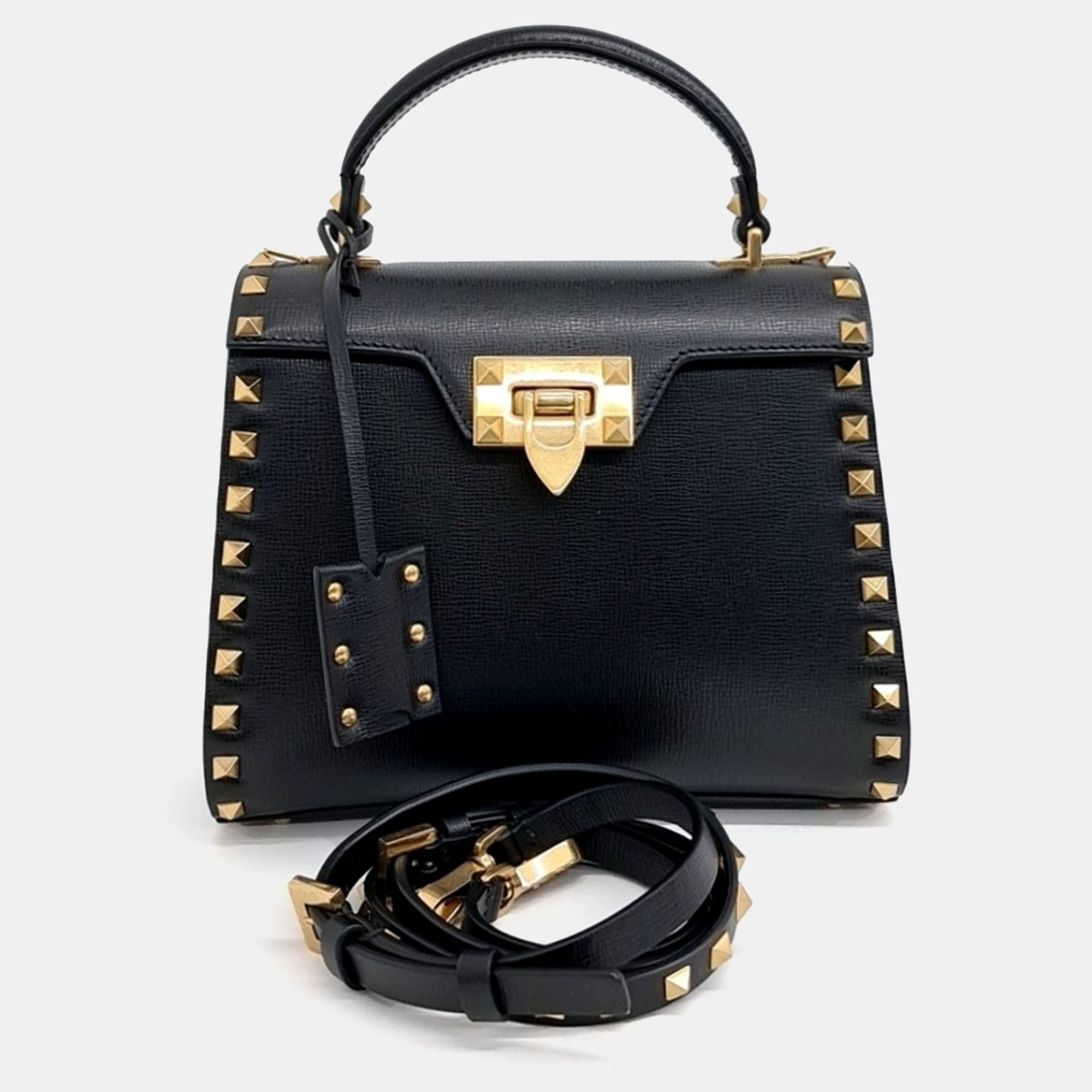 

Valentino Black Leather Rockstud Top Handle Bag