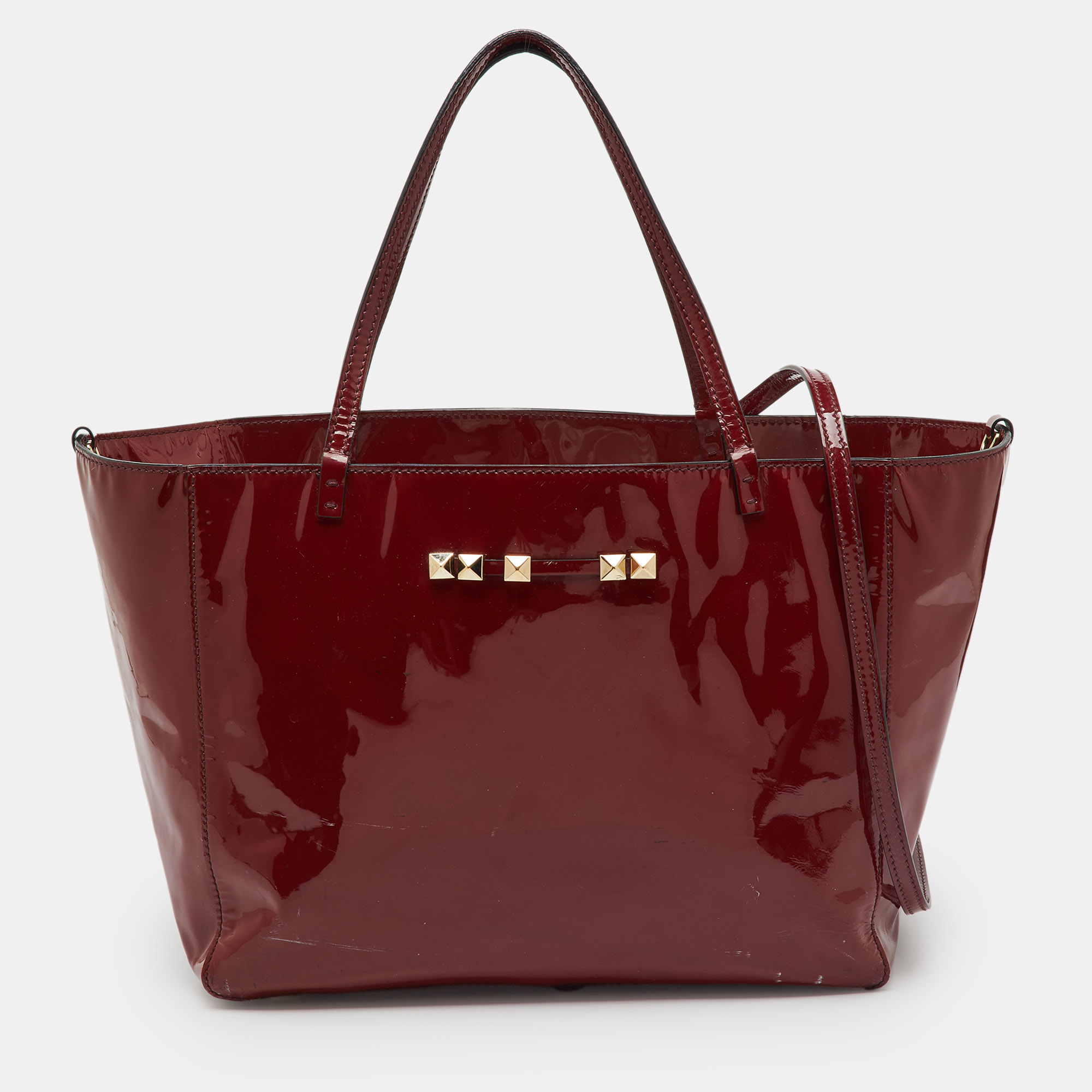 

Valentino Dark Red Patent Leather Rockstud Shopper Tote