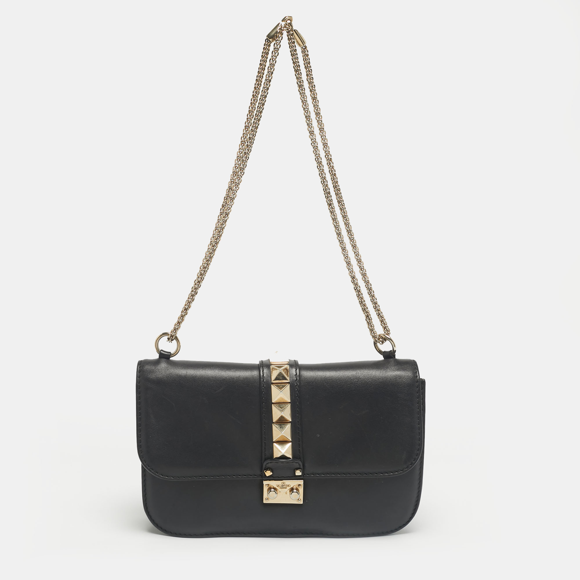 Pre-owned Valentino Garavani Black Leather Medium Glam Lock Shoulder Bag