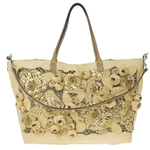 Pre Owned Valentino Beige Canvas Sequin Beaded Floral Applique Tote