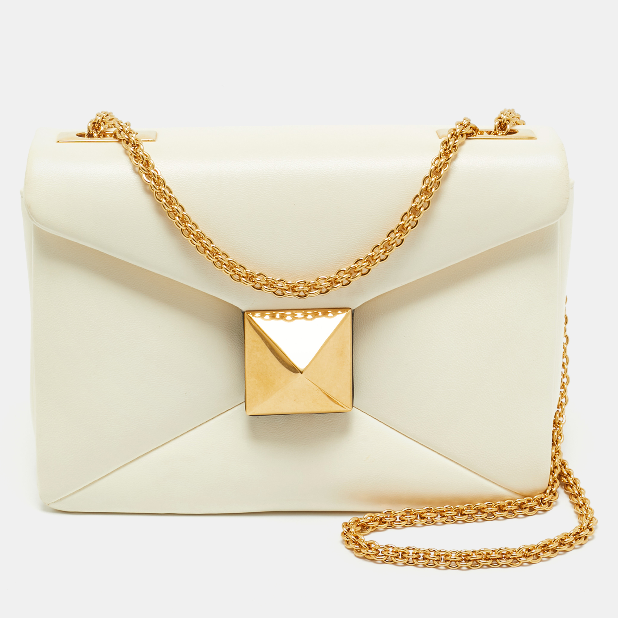 Pre-owned Valentino Garavani Off White Leather One Stud Chain Shoulder Bag