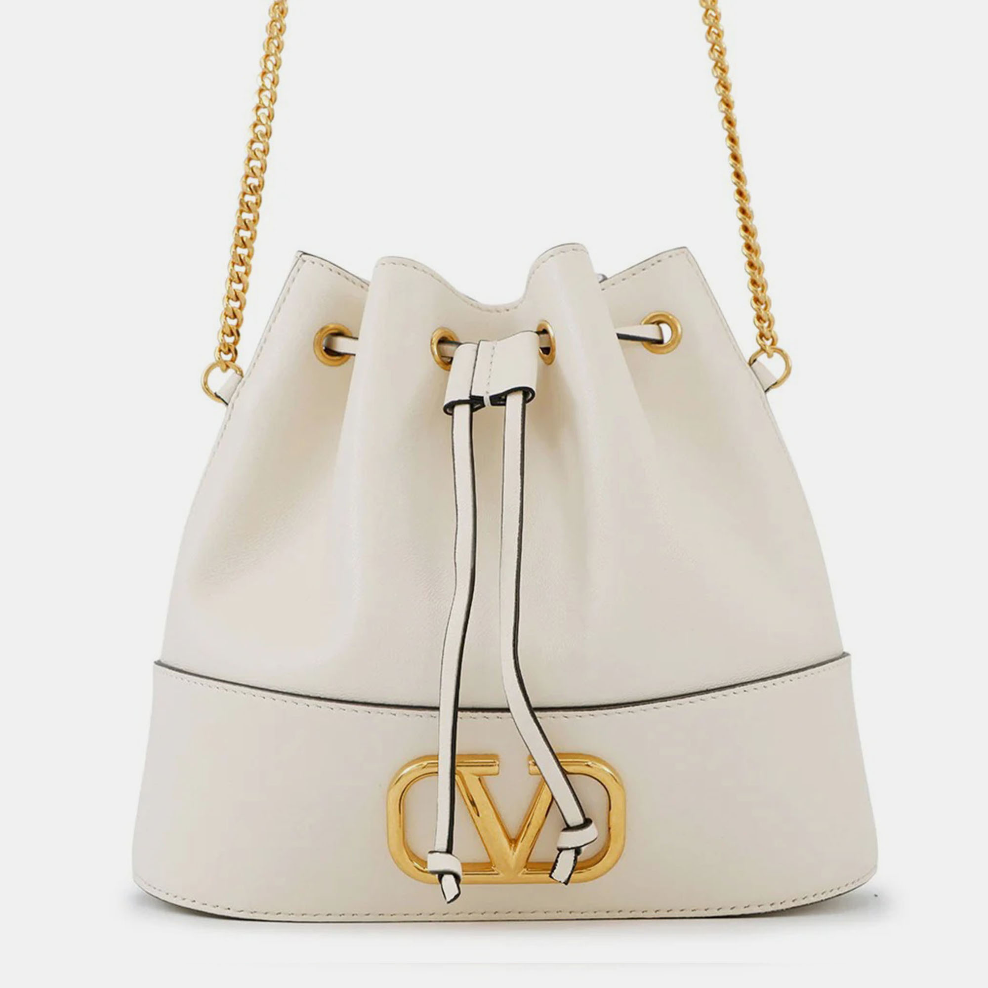 

Valentino Garavani V Logo Bucket Bag Shoulder Bag Ivory Leather, Beige