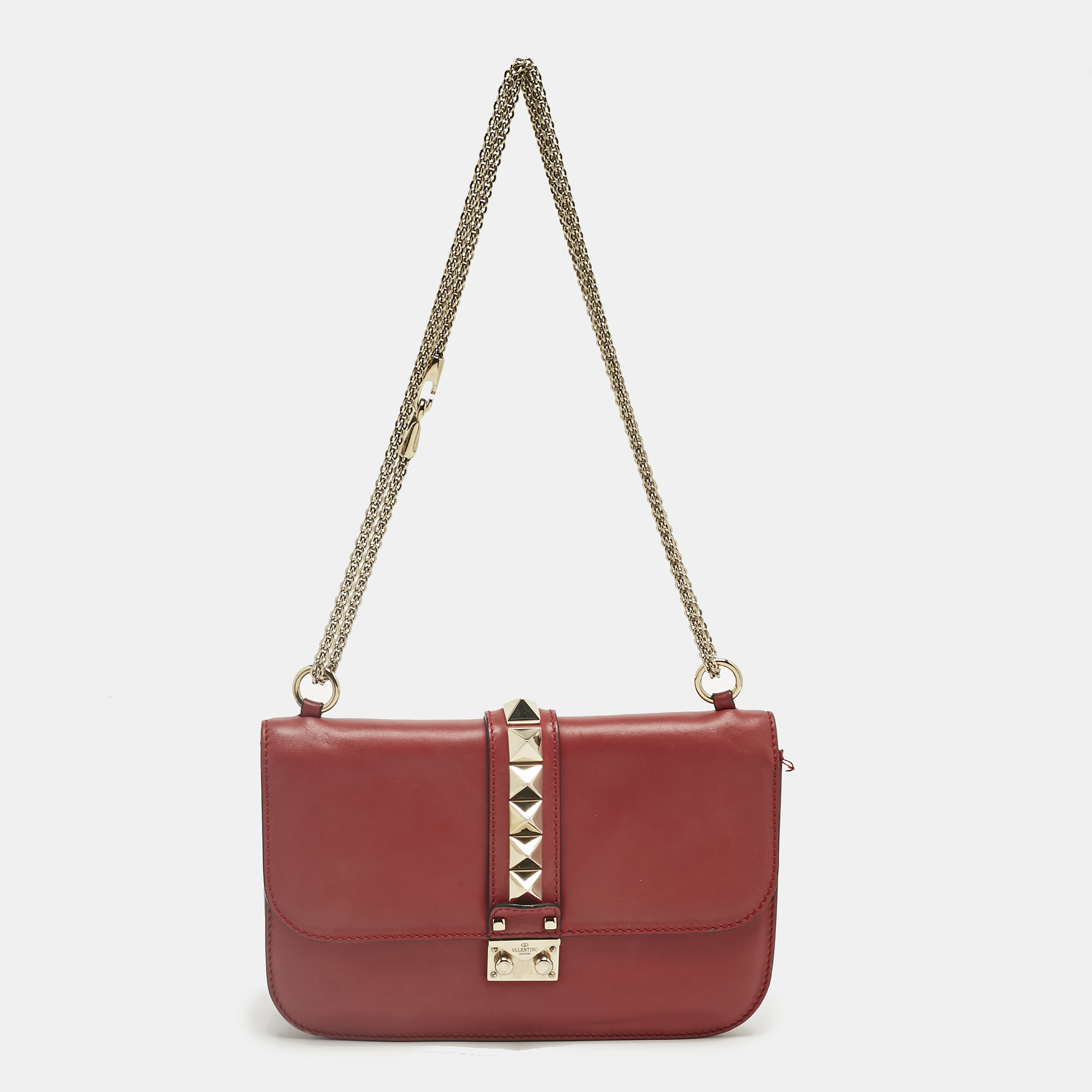 

Valentino Red Leather Medium Glam Lock Chain Shoulder Bag