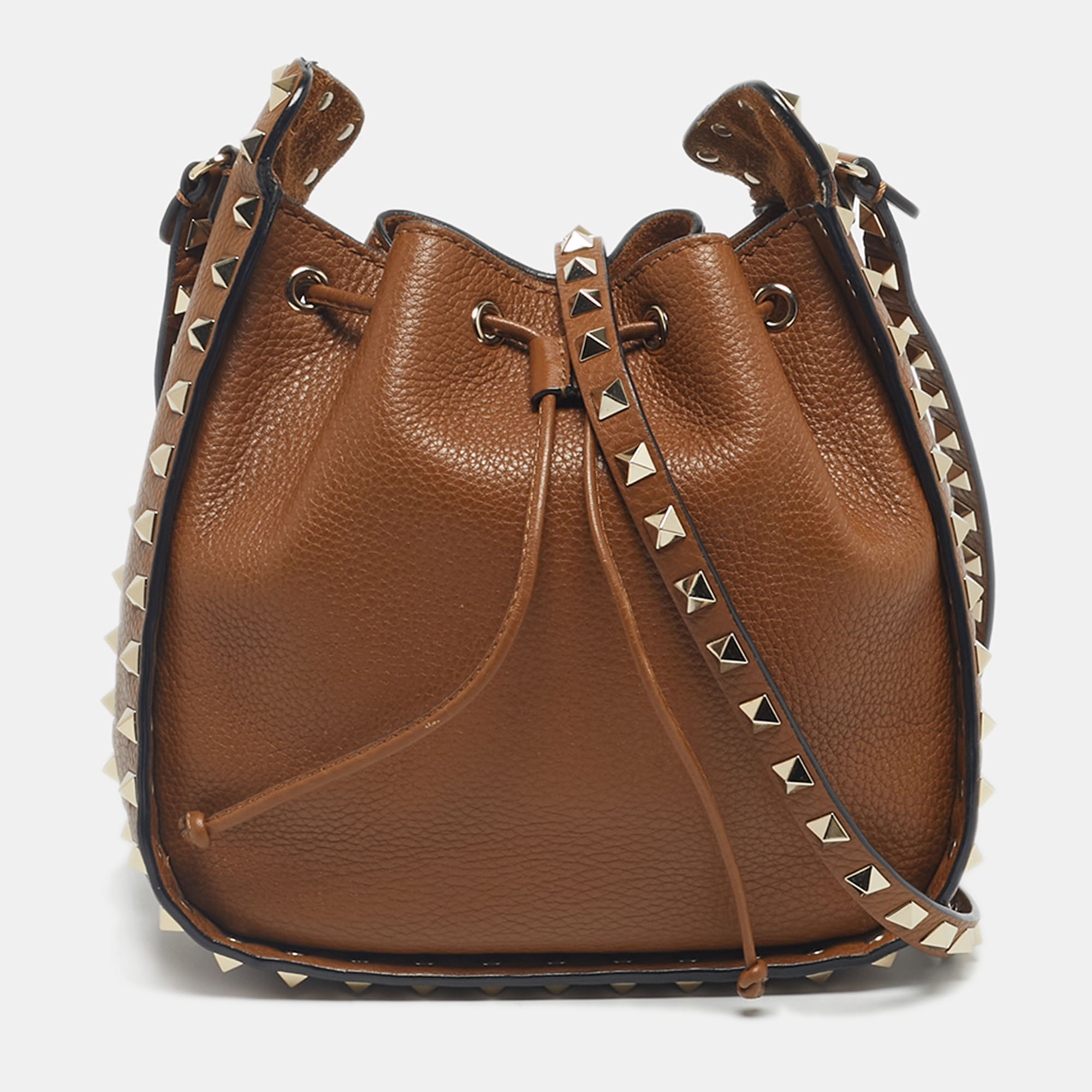 

Valentino Brown Leather Rockstud Drawstring Bucket Bag