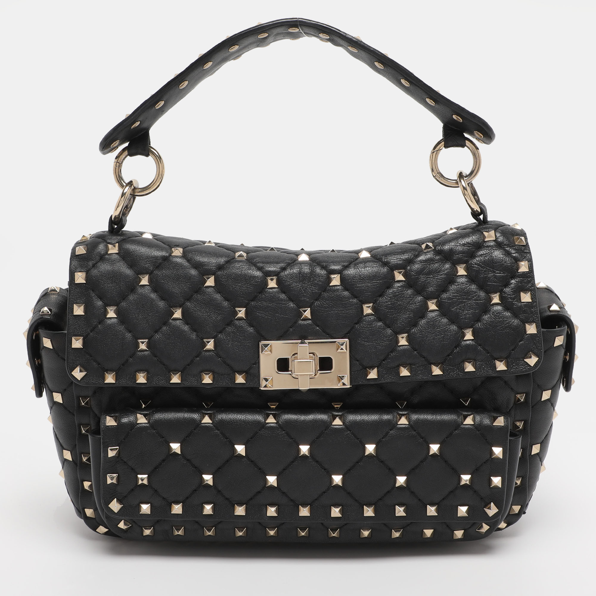 

Valentino Black Quilted Leather Medium Rockstud Spike Top Handle Bag