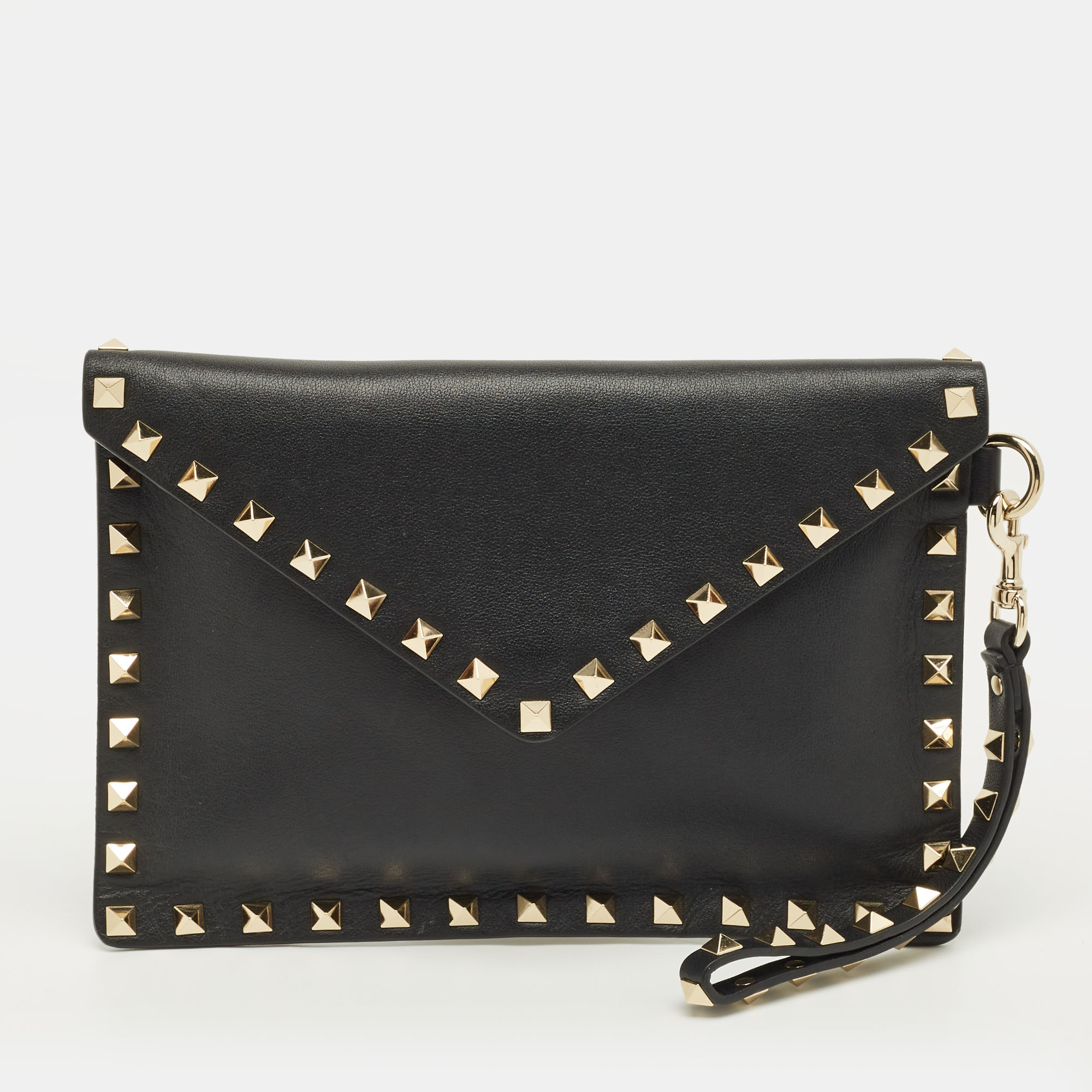 

Valentino Black Leather Rockstud Envelope Wristlet Clutch