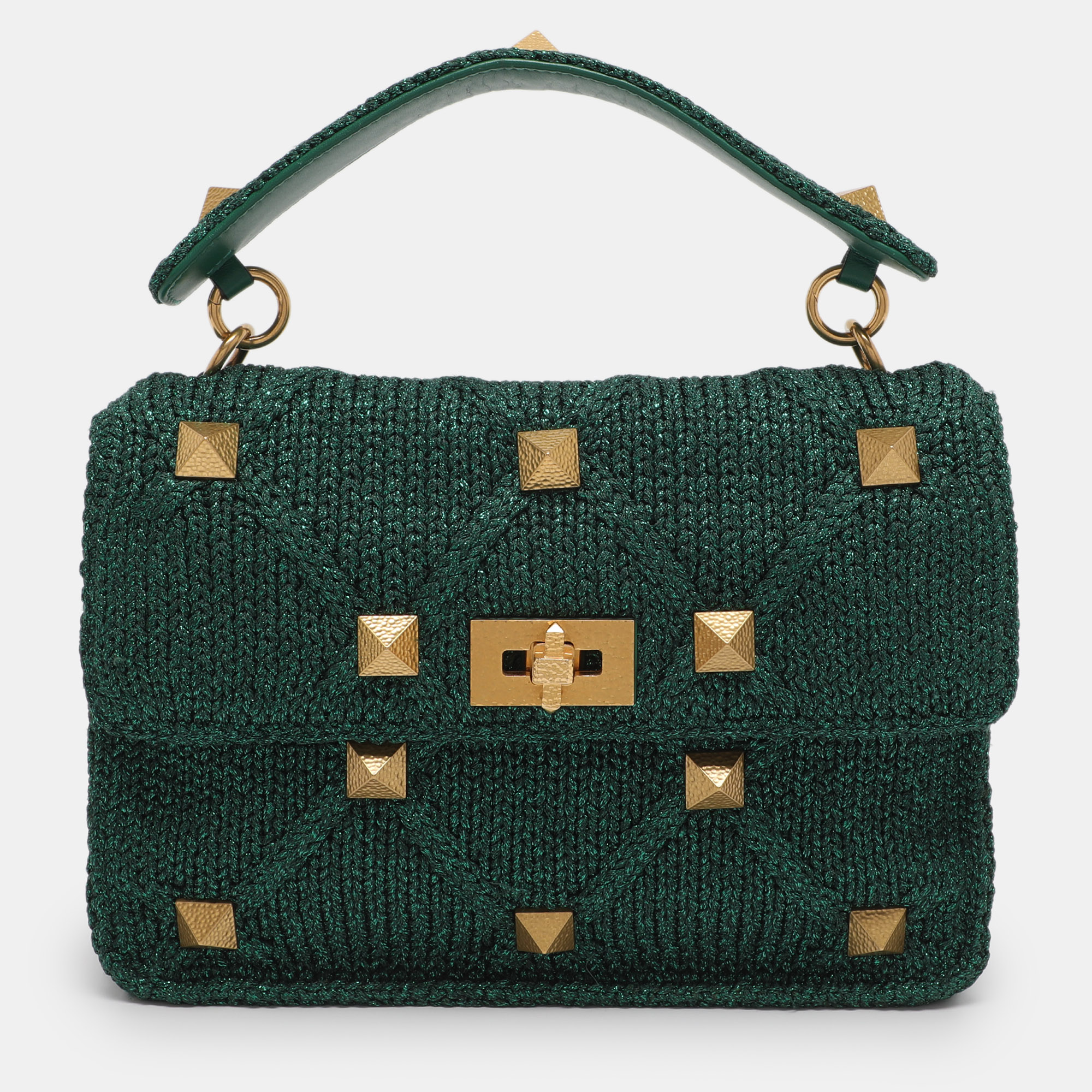 Pre-owned Valentino Garavani Green Knit Fabric Roman Stud Shoulder Bag