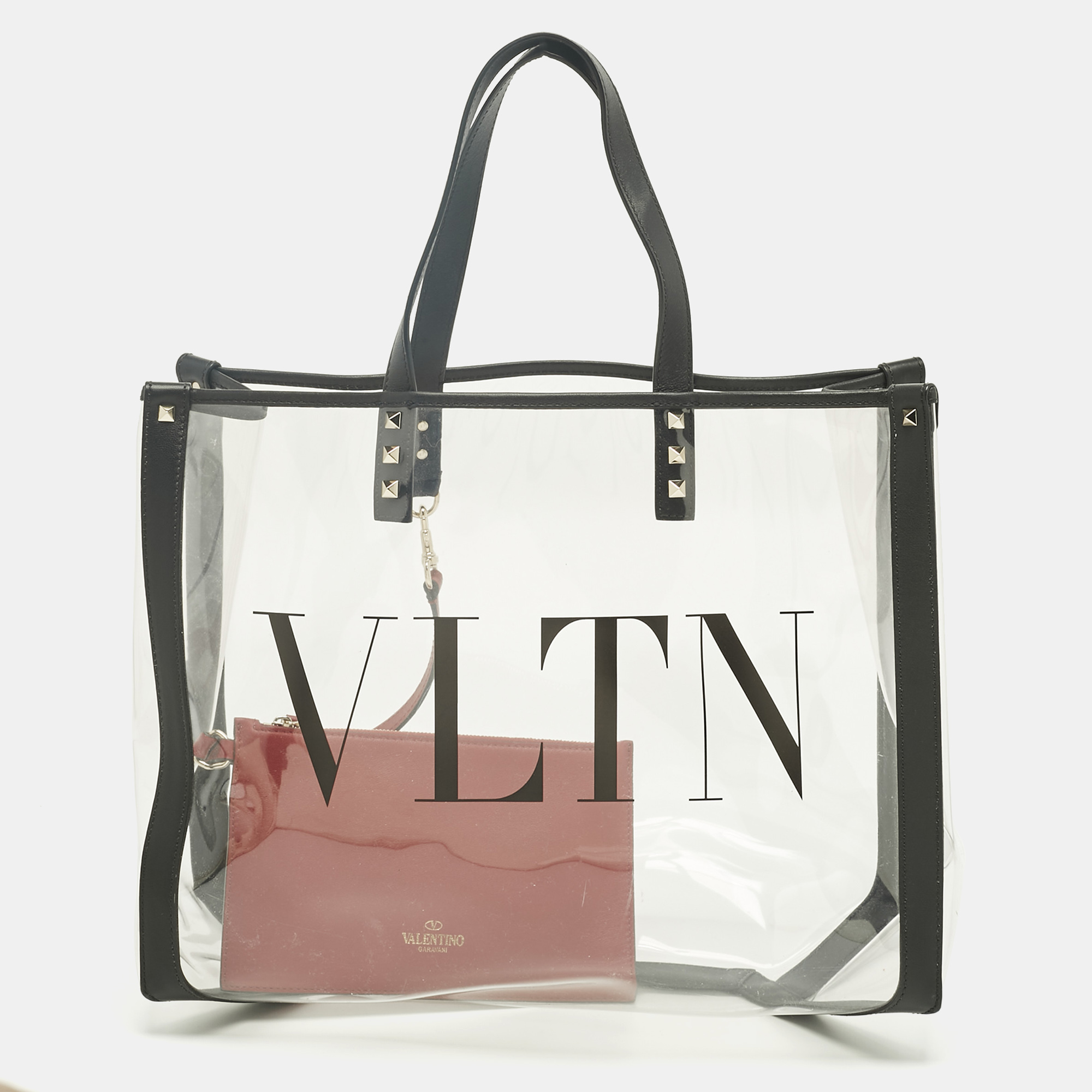Pre-owned Valentino Garavani Black/red Leather And Pvc Vltn Rockstud Tote
