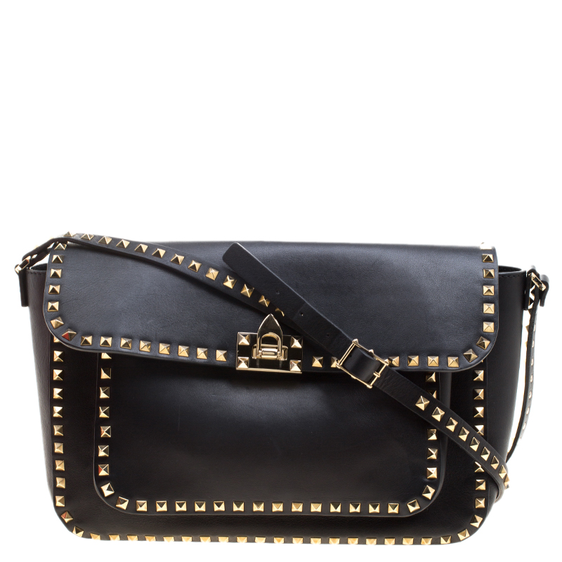 Pre Owned Valentino Black Leather Rockstud Crossbody Bag