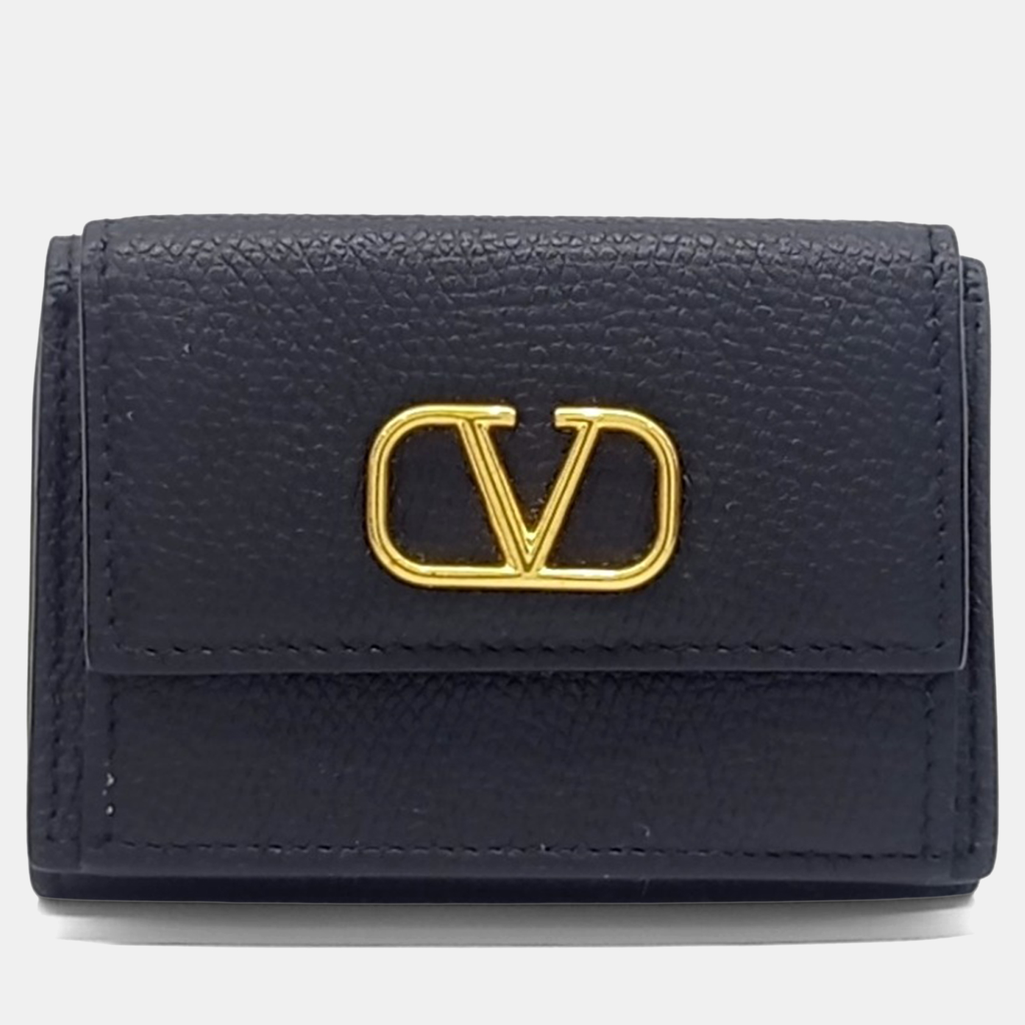 

Valentino Black Leather V-logo half wallet