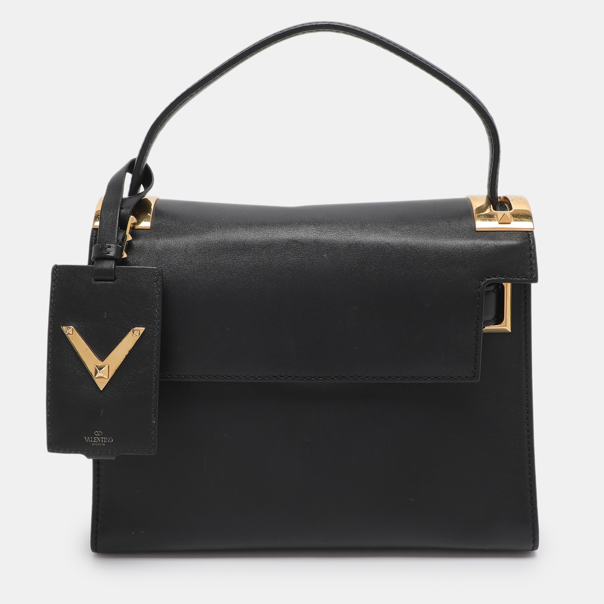 

Valentino Embellished Flap Black Leather Top Handle Bag