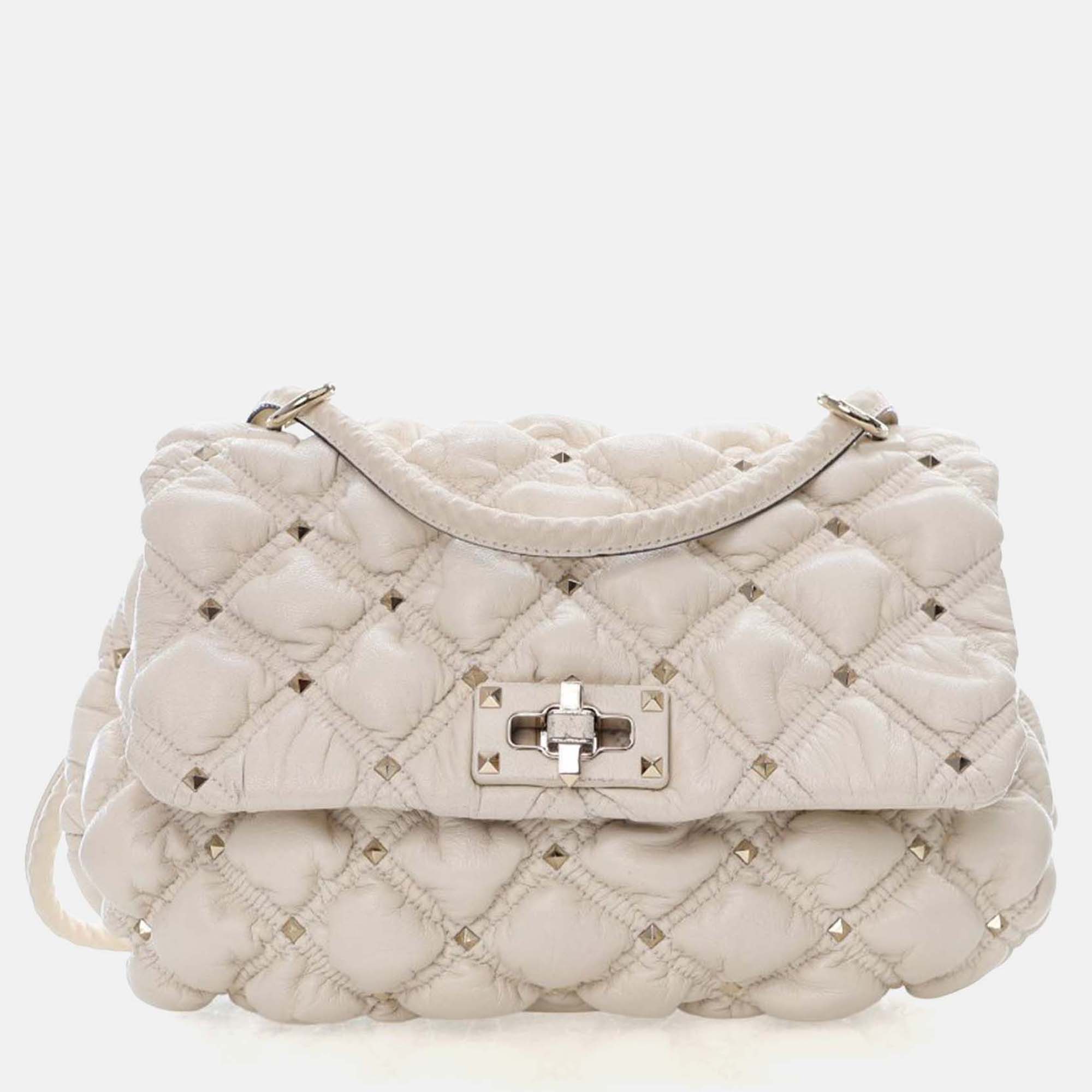 Pre-owned Valentino Garavani Medium Lambskin Spikeme Flap Bag In White