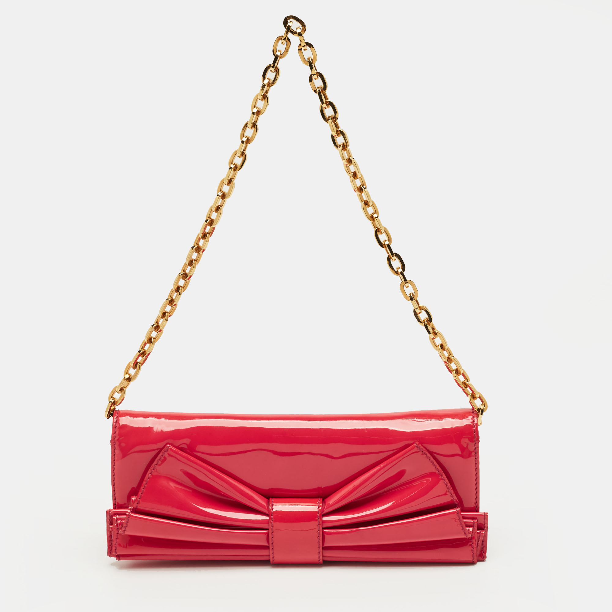 Pre-owned Valentino Garavani Bow Pink Patent Leather Chain Clutch