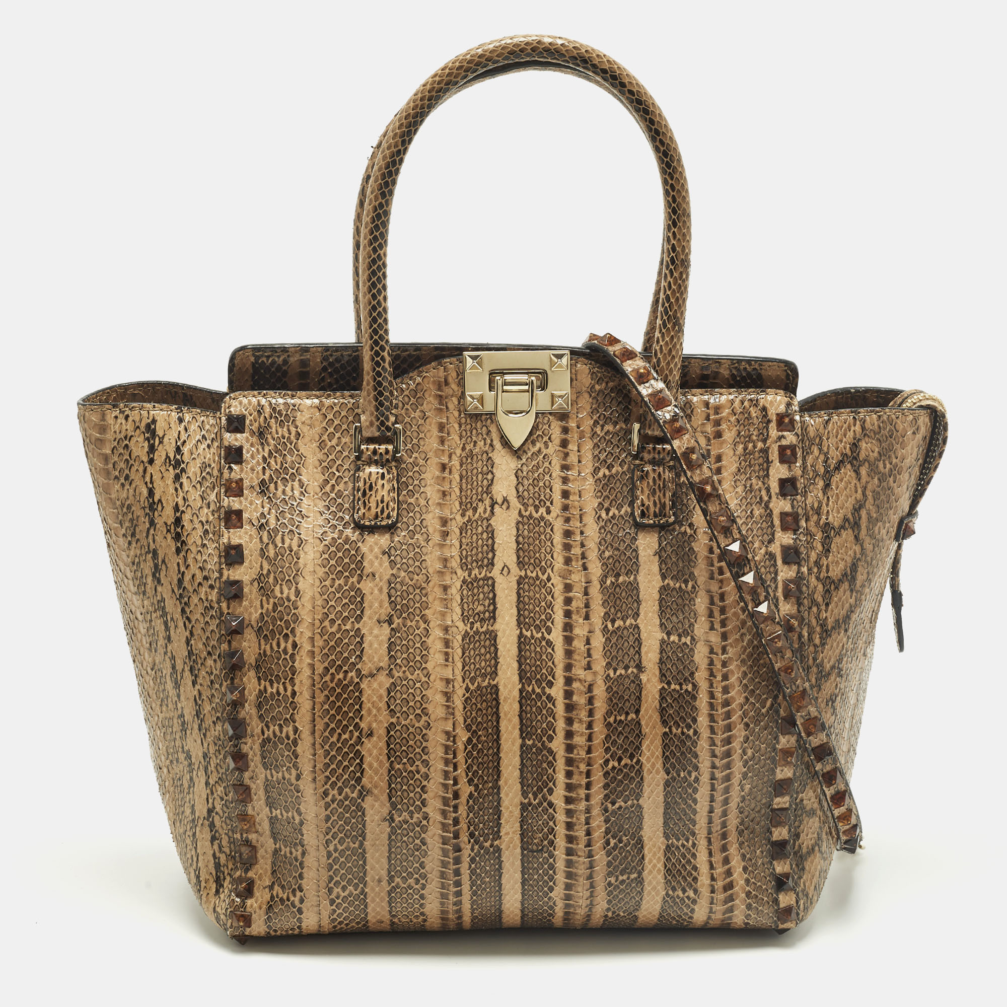 Pre-owned Valentino Garavani Rockstud Trapeze Brown/black Watersnake Leather Tote