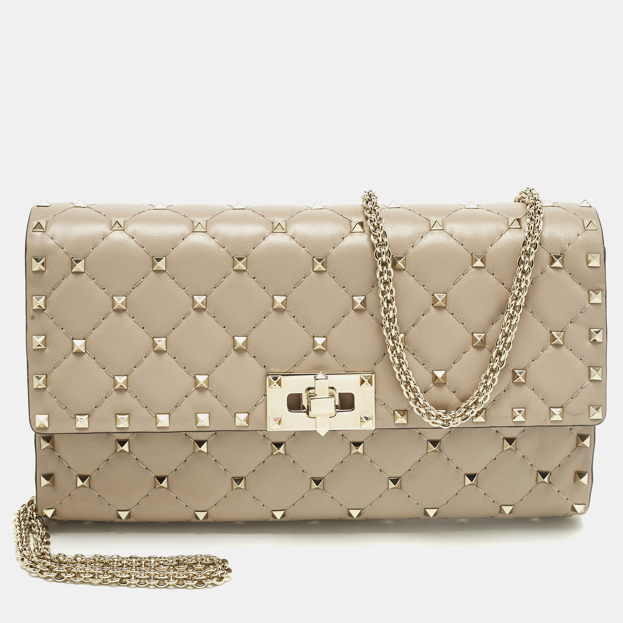 

Valentino Rockstud Spike Beige Quilted Leather Chain Shoulder Bag