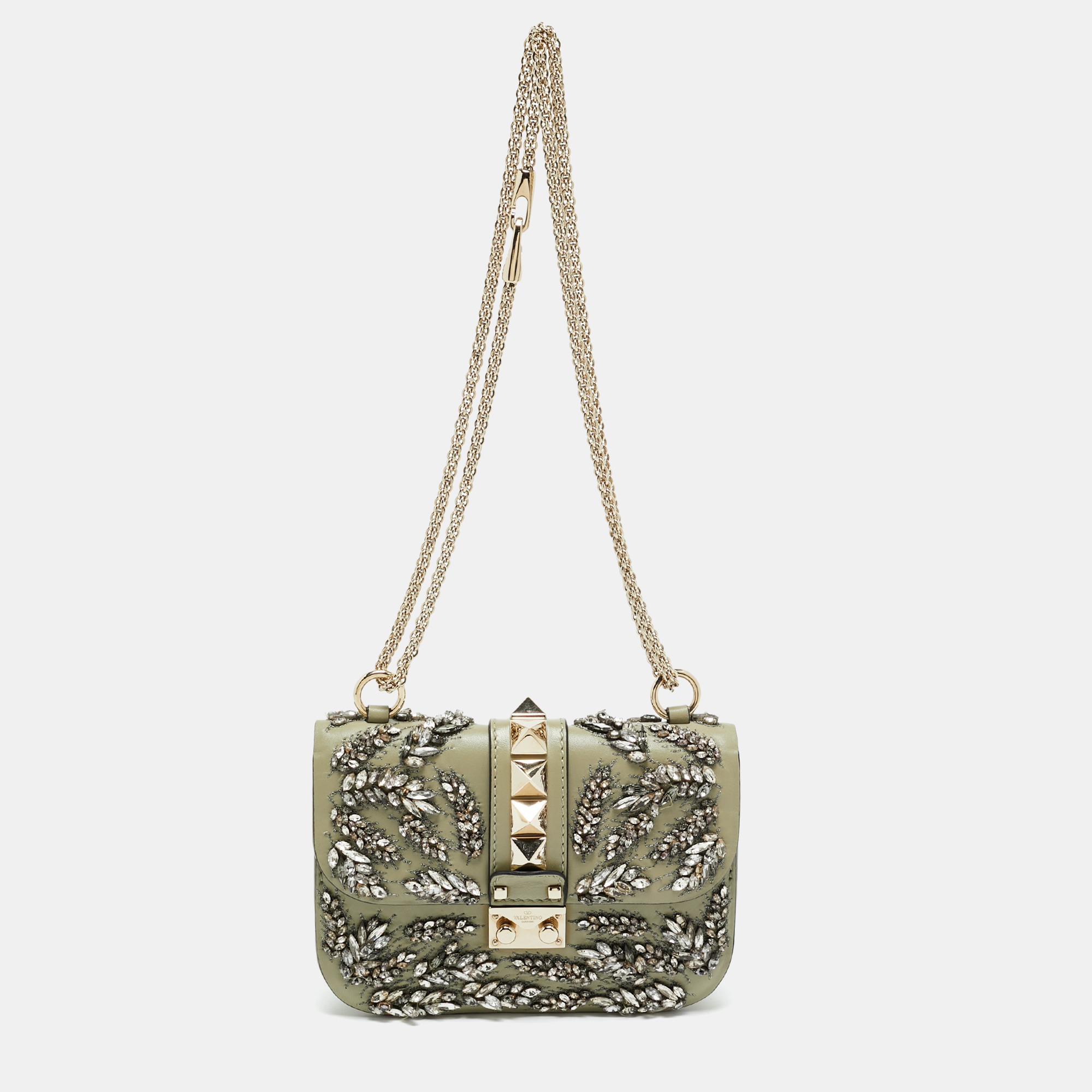 

Valentino Rockstud Glam Lock Crystals  Khaki Leather Flap Bag, Green