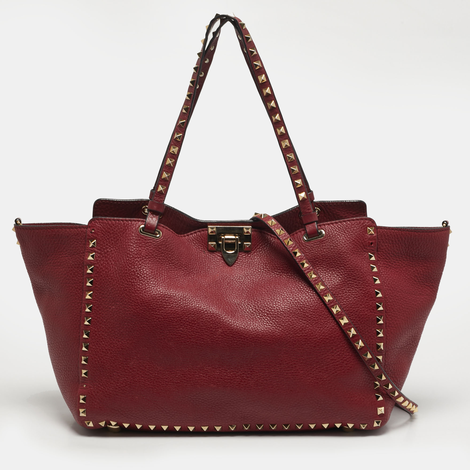 Pre-owned Valentino Garavani Rockstud Trapeze Medium Red Leather Tote