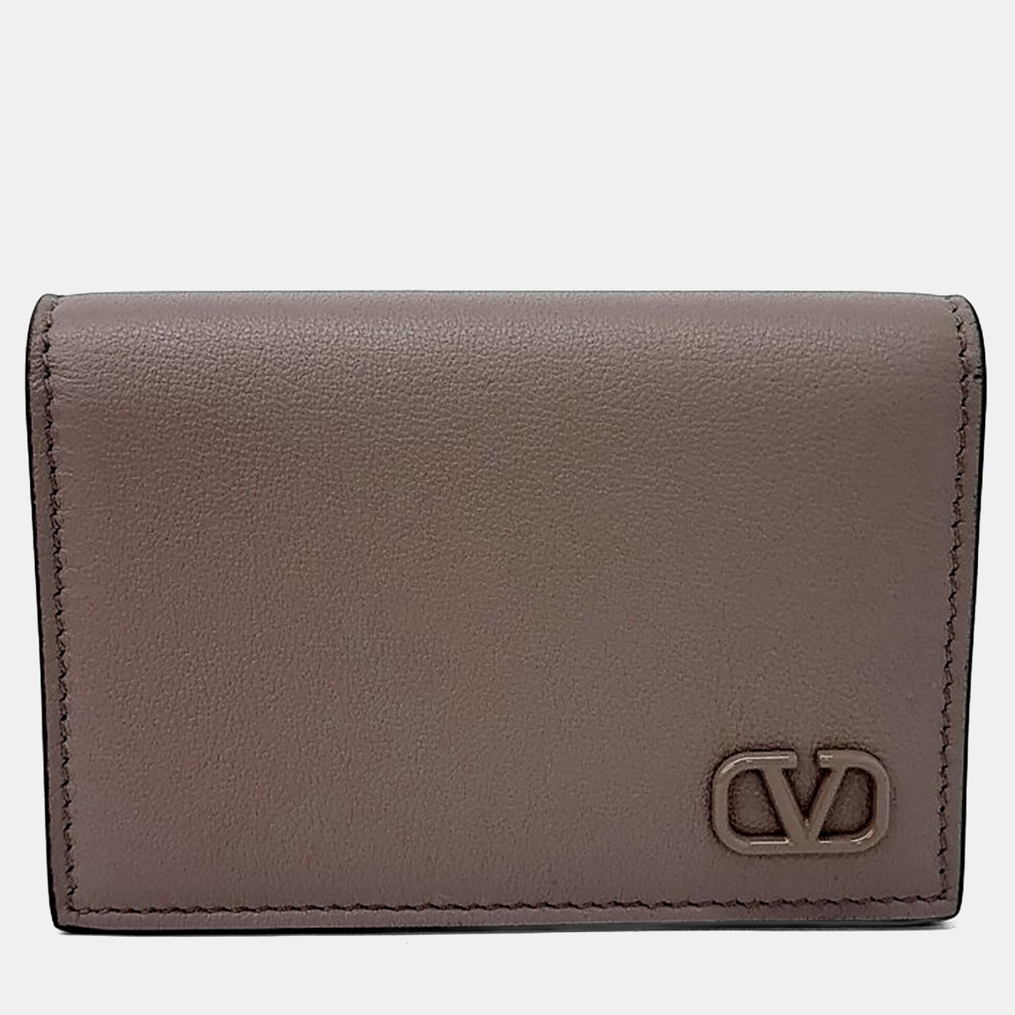 Pre-owned Valentino Garavani Brown Leather Mini V-logo Card Holder