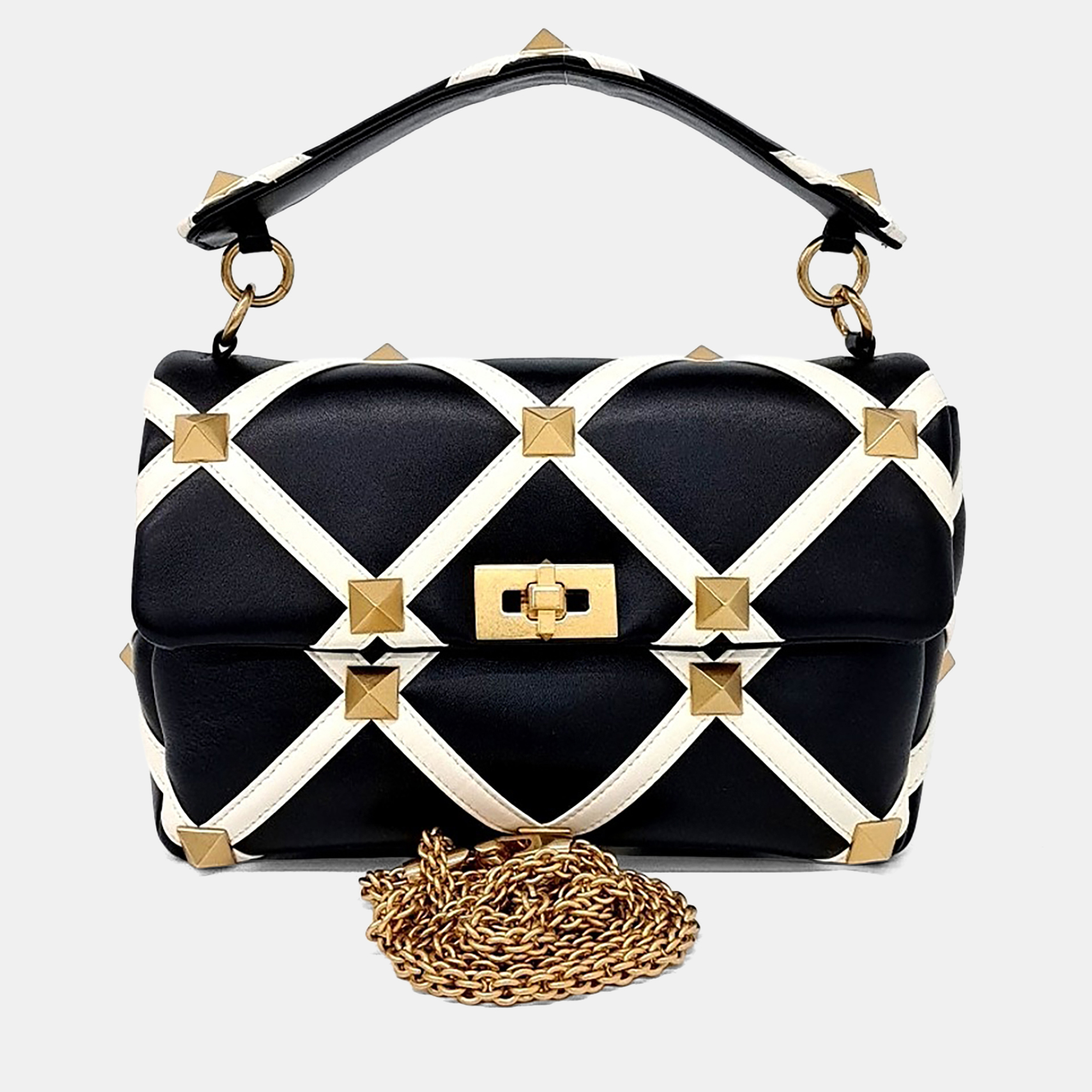 

Valentino Beige Black Leather Roman Stud Tote and Shoulder Bag Large