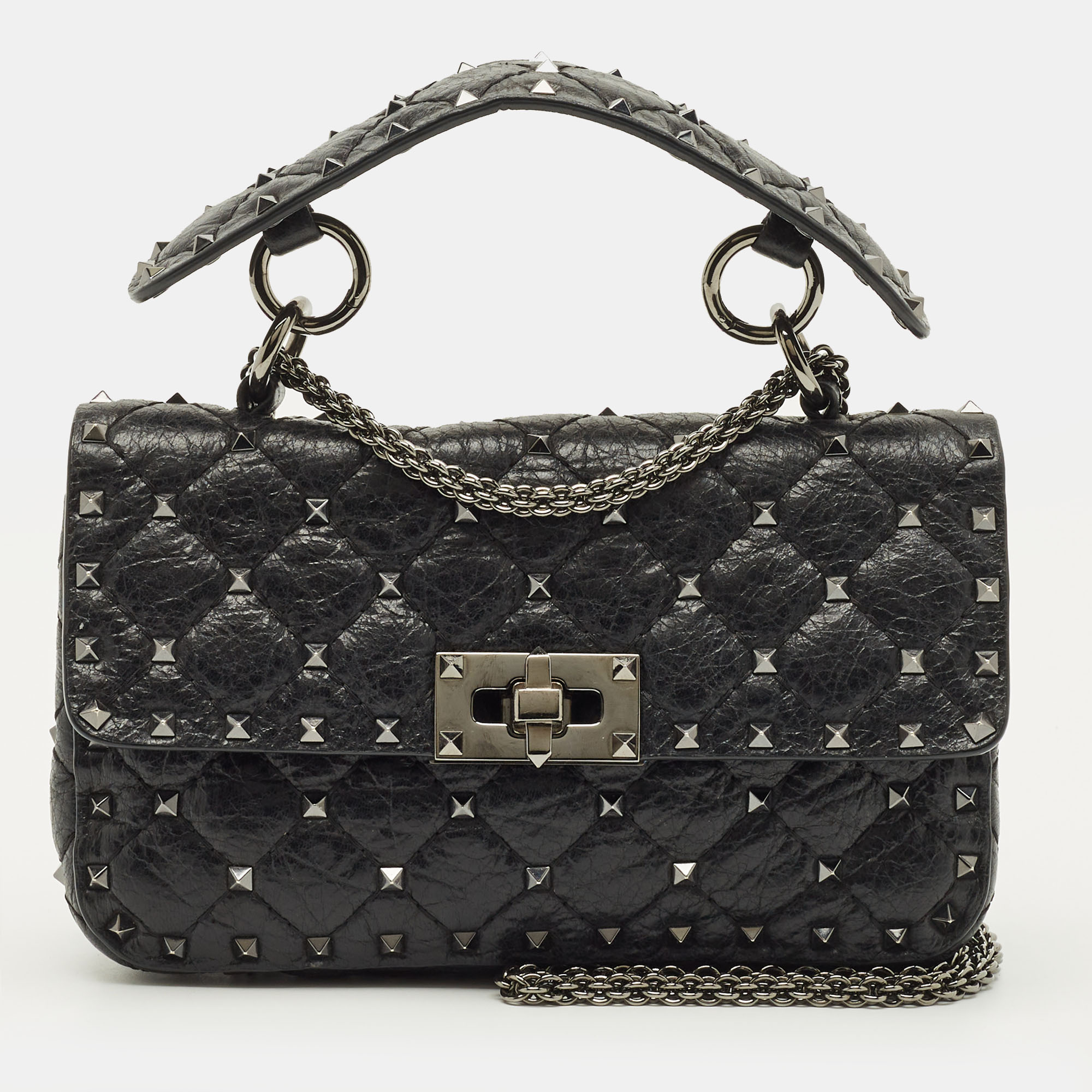 

Valentino Rockstud Spike  Black Quilted Leather Top Handle Bag