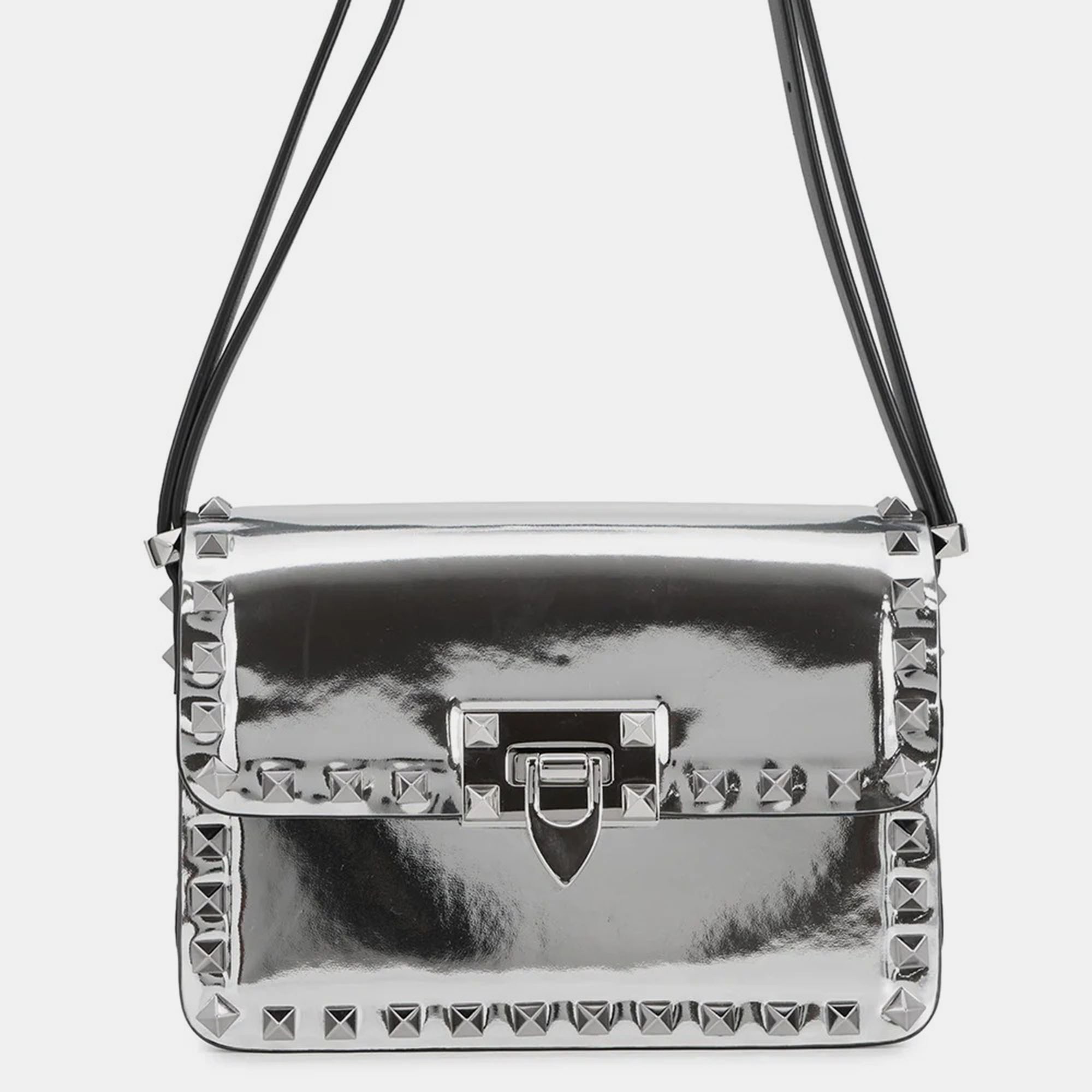

Valentino Garavani Rockstudded Shoulder Bag Silver Patent Leather