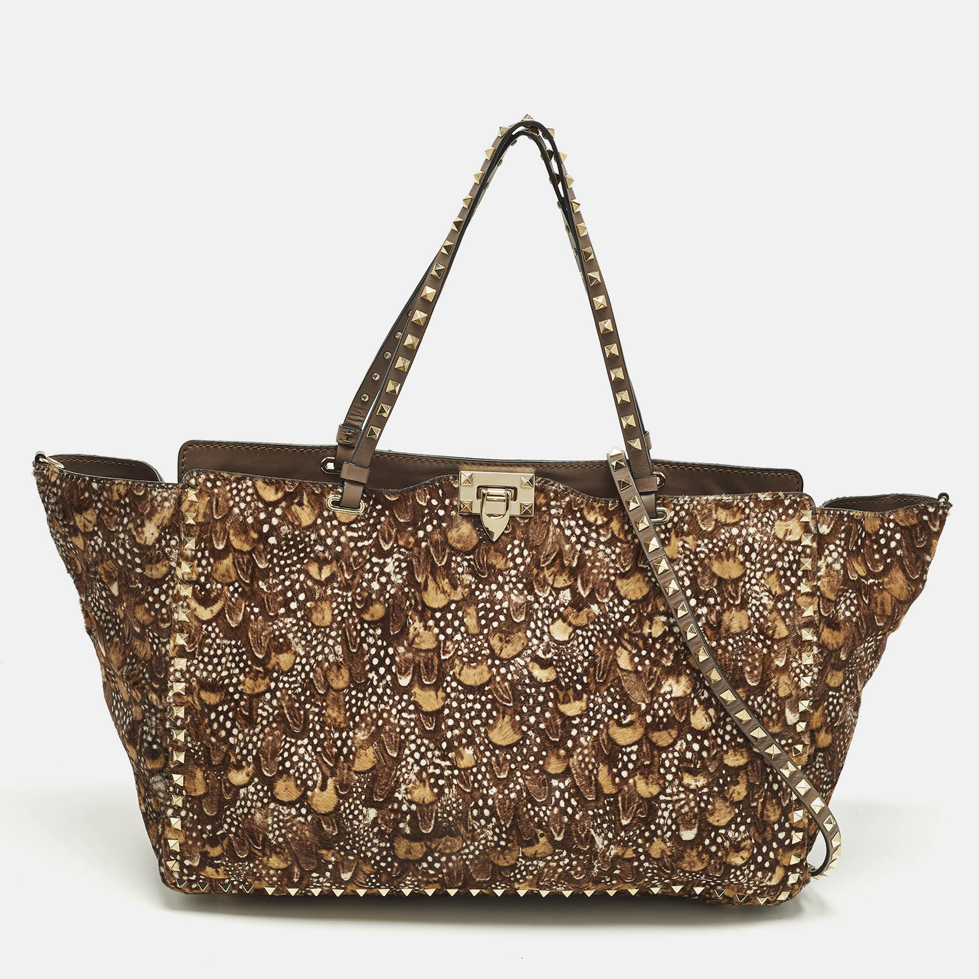 Pre-owned Valentino Garavani Rockstud Trapeze Brown Feather Print Calf Hair And Leather Tote
