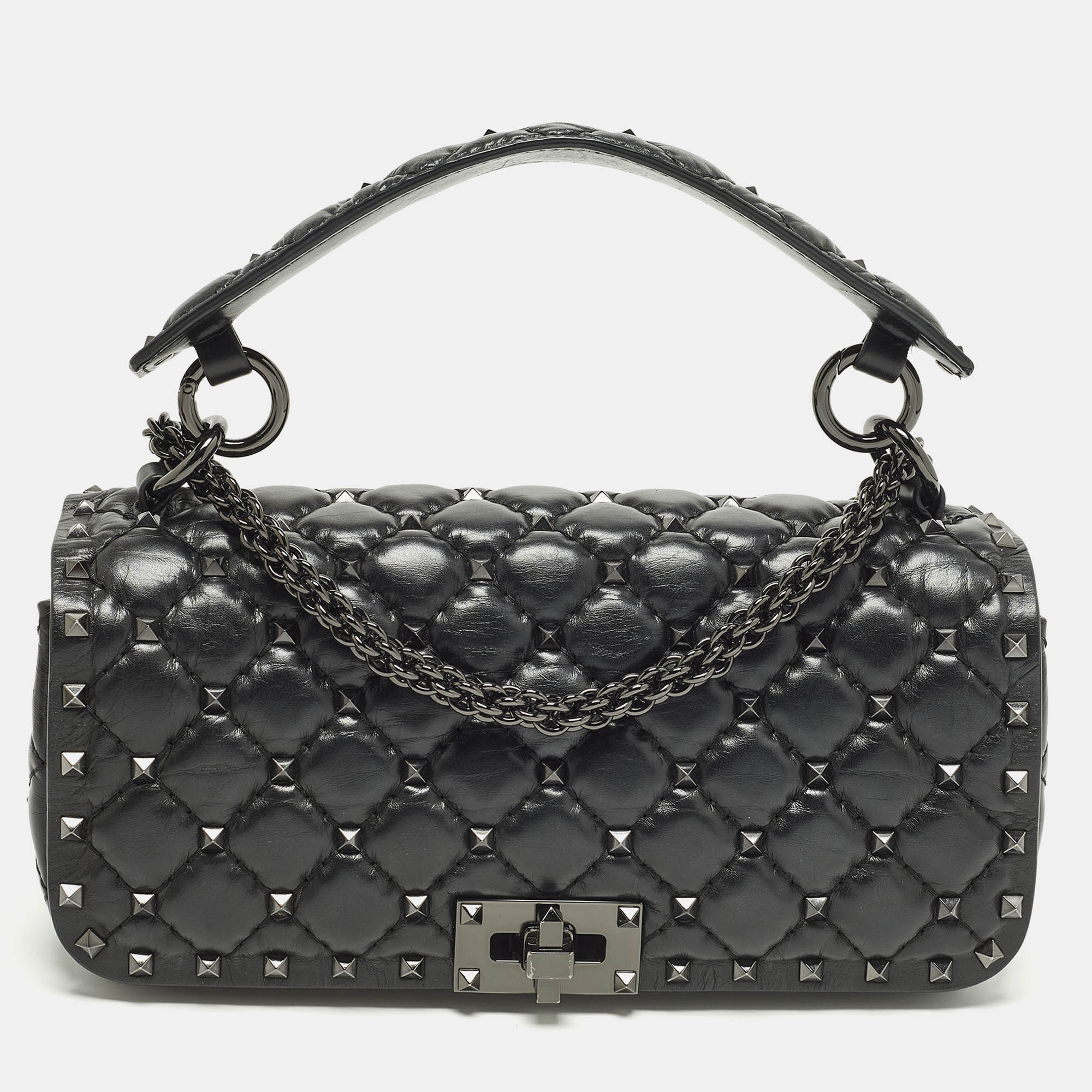 

Valentino Rockstud Spike Black Quilted Leather Top Handle Bag