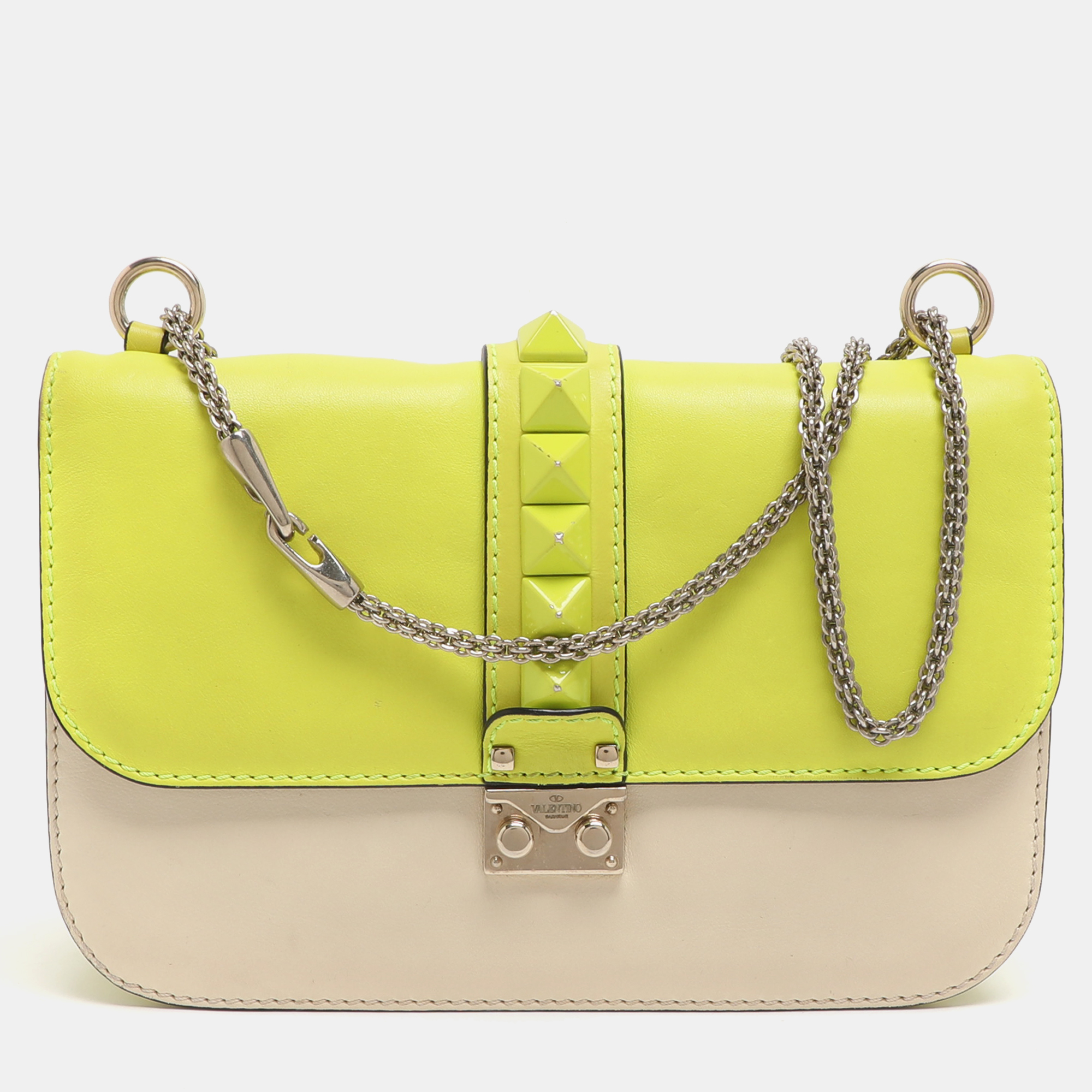 

Valentino Neon Yellow/Cream Leather Medium Rockstud Glam Lock Flap Bag