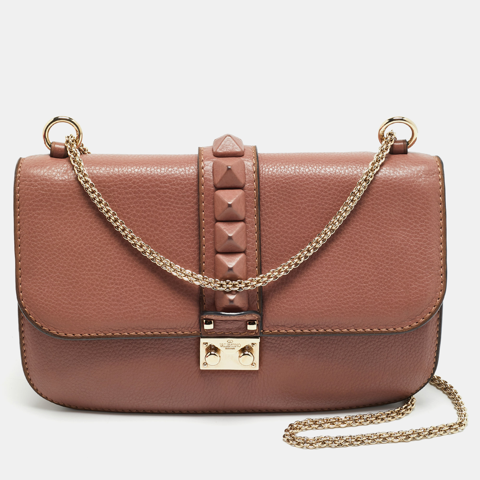 

Valentino Rockstud Glam Lock  Old Rose Leather Flap Bag, Pink