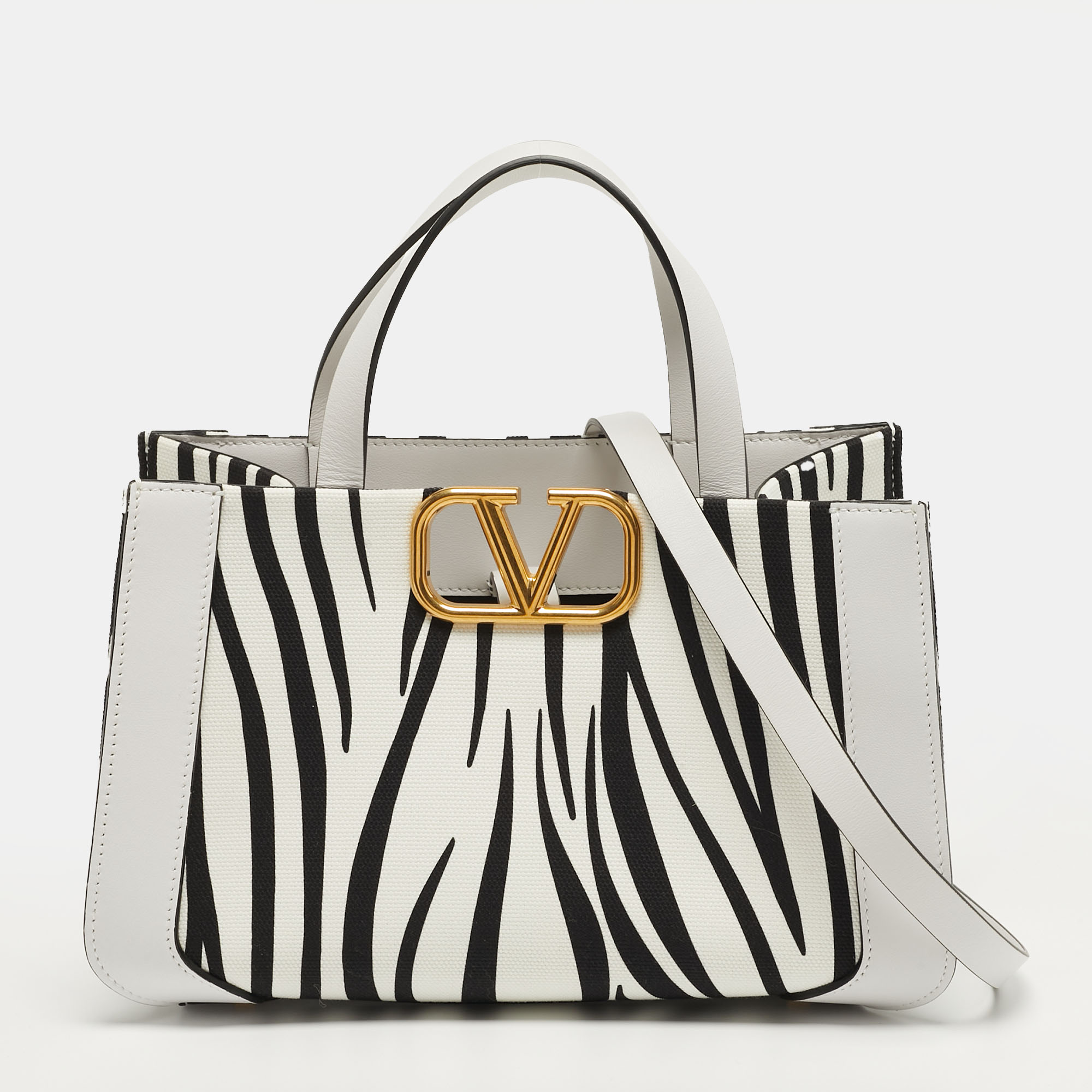 

Valentino VLogo  White/Black Zebra Print Canvas and Leather Tote