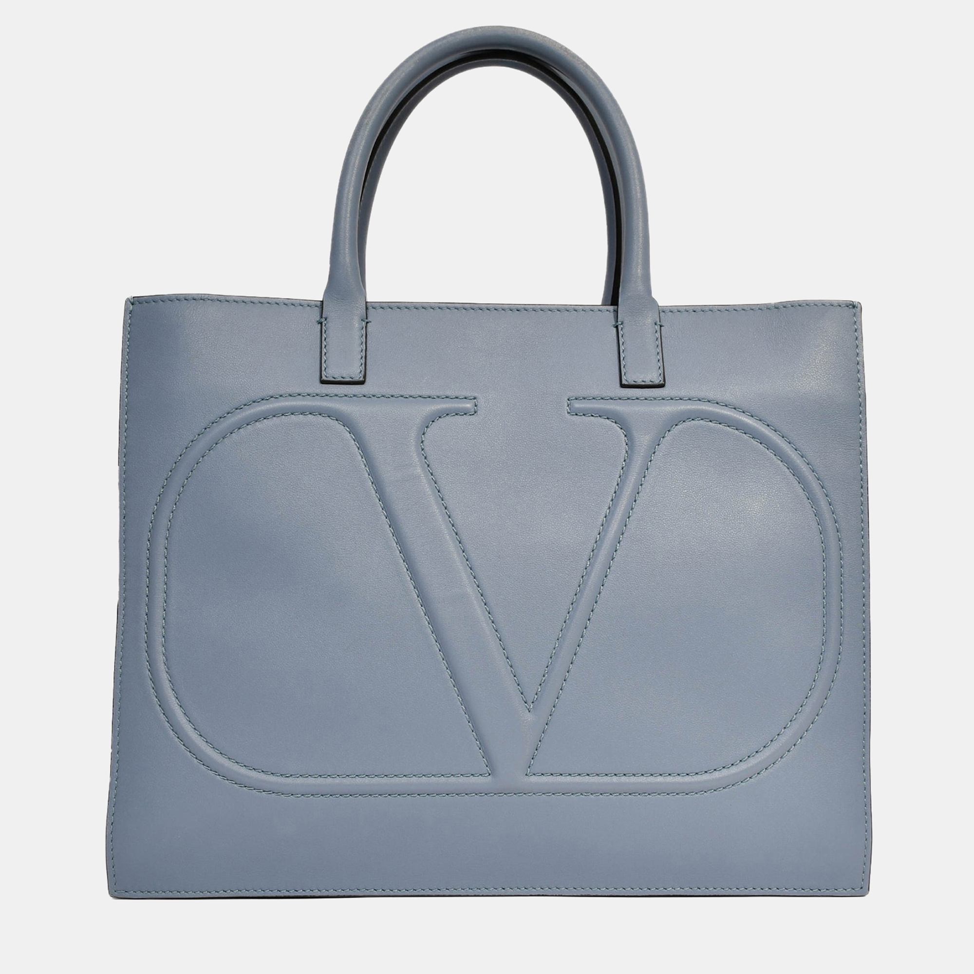 

Valentino Blue Smooth Leather 'V' Logo Tote