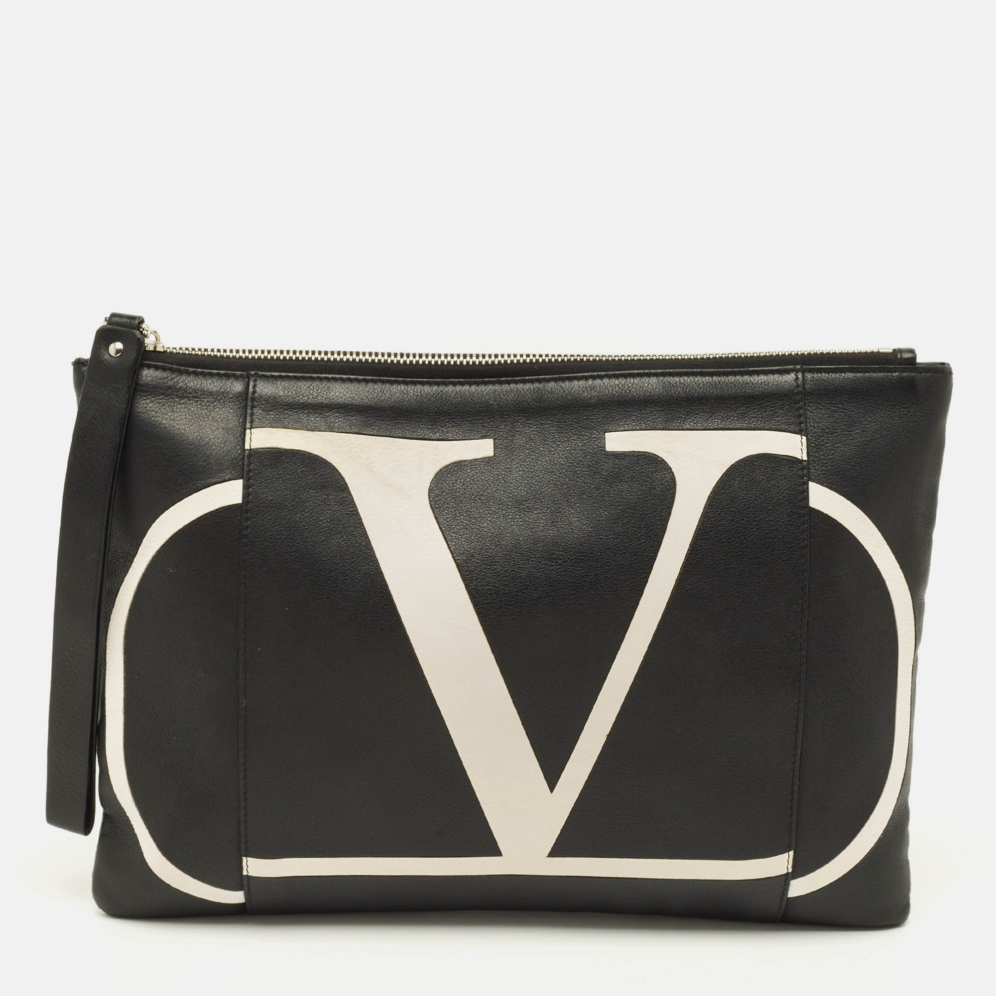 

Valentino VLogo Signature Print Black/White Leather Wristlet Pouch