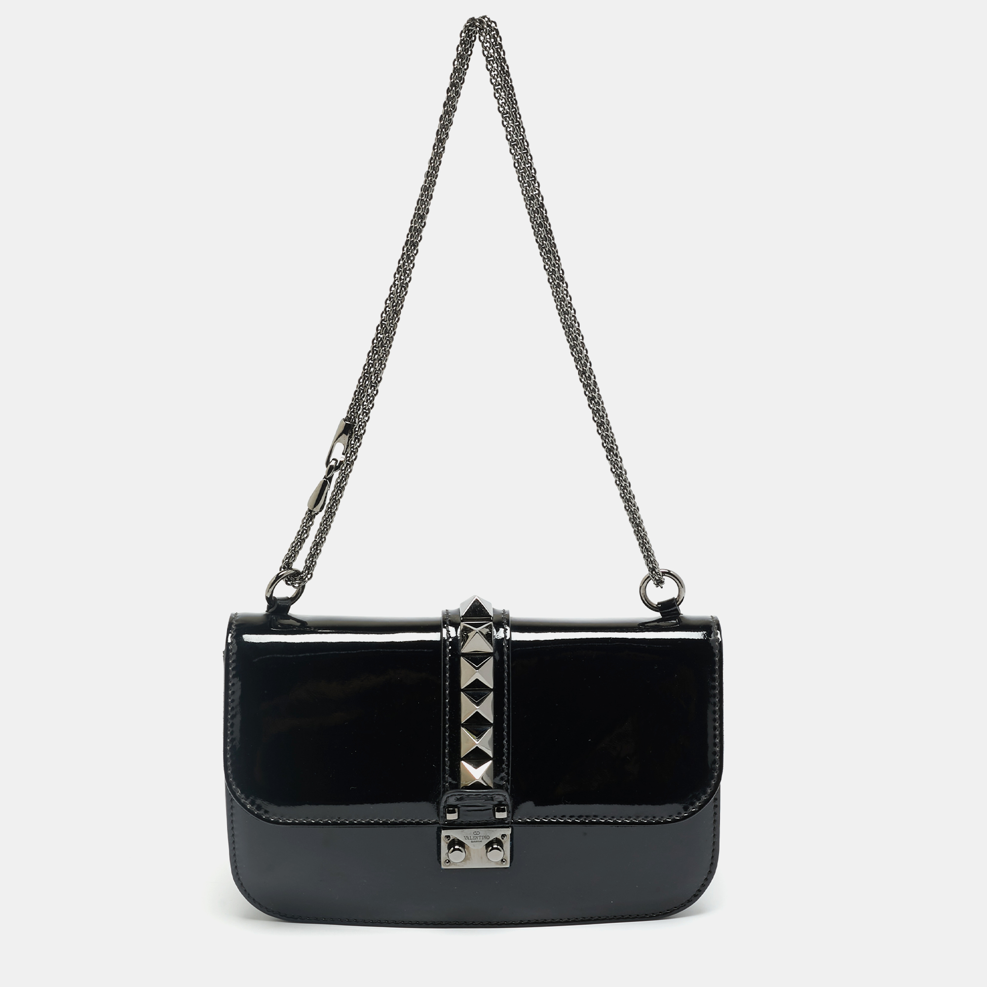 

Valentino Rockstud Glam Lock  Black Patent Leather Flap Bag